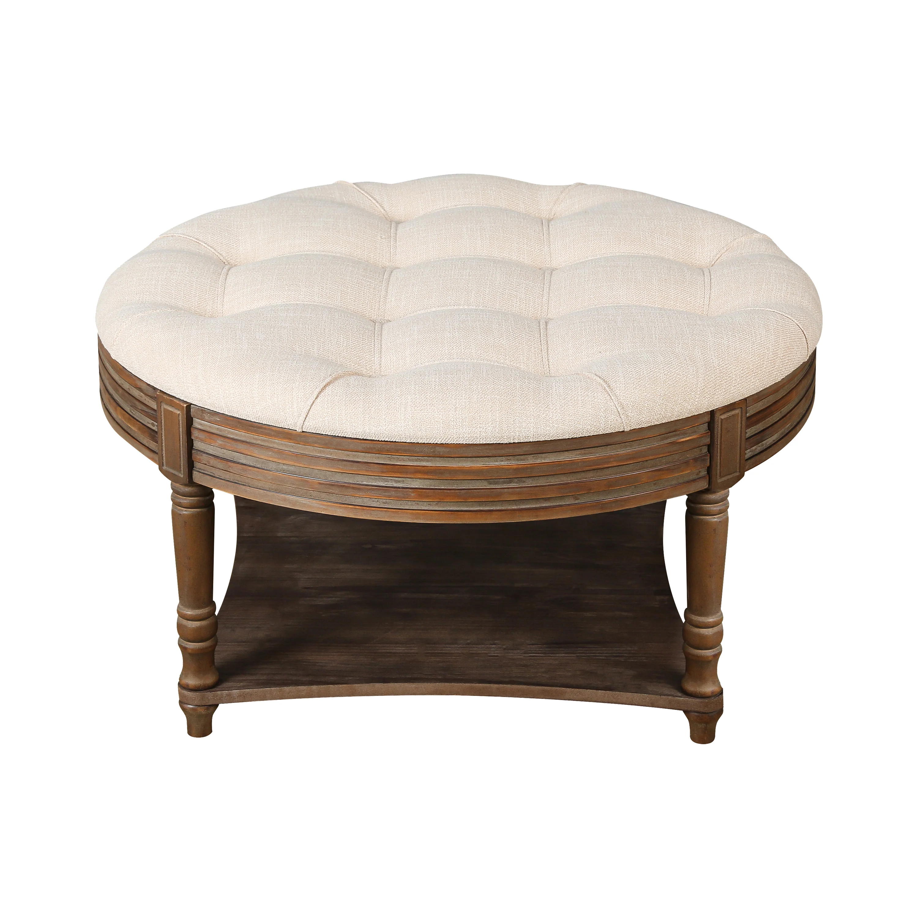 Captains Large Round Upholstered Ottoman with Bottom Shelf