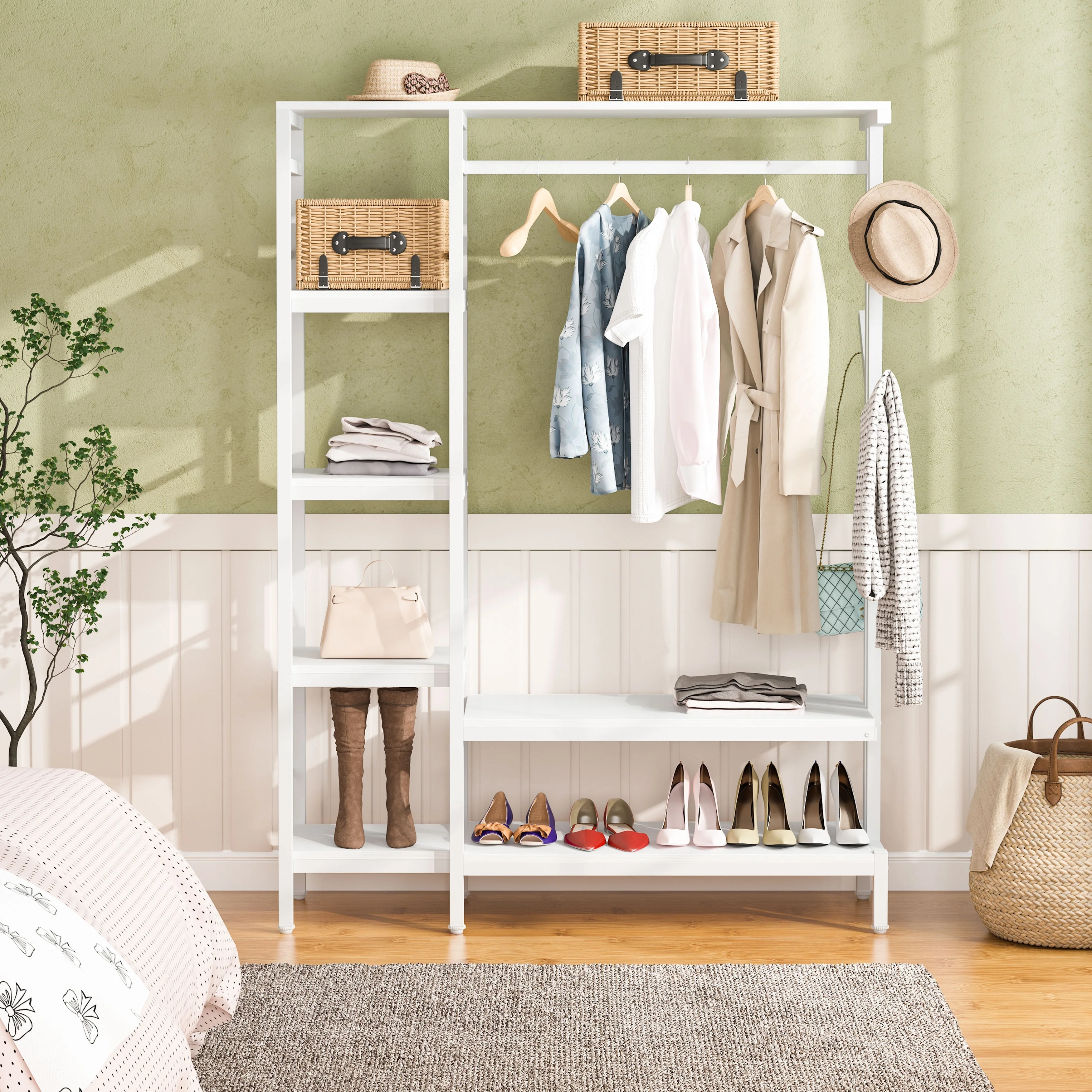 Free-standing Closet Organizer with Hooks, Garment Rack, Coat Rack with Shoe Bench