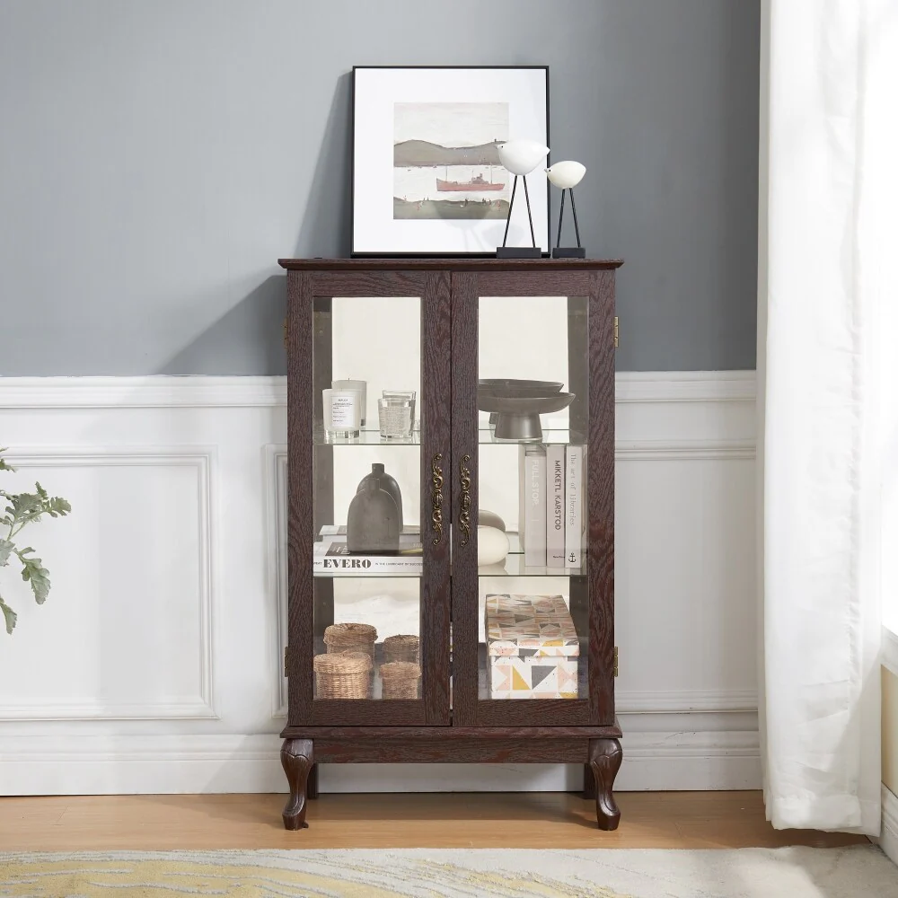 Curio Cabinet with Tempered Glass Doors and Adjustable Shelves Light Bulb Included