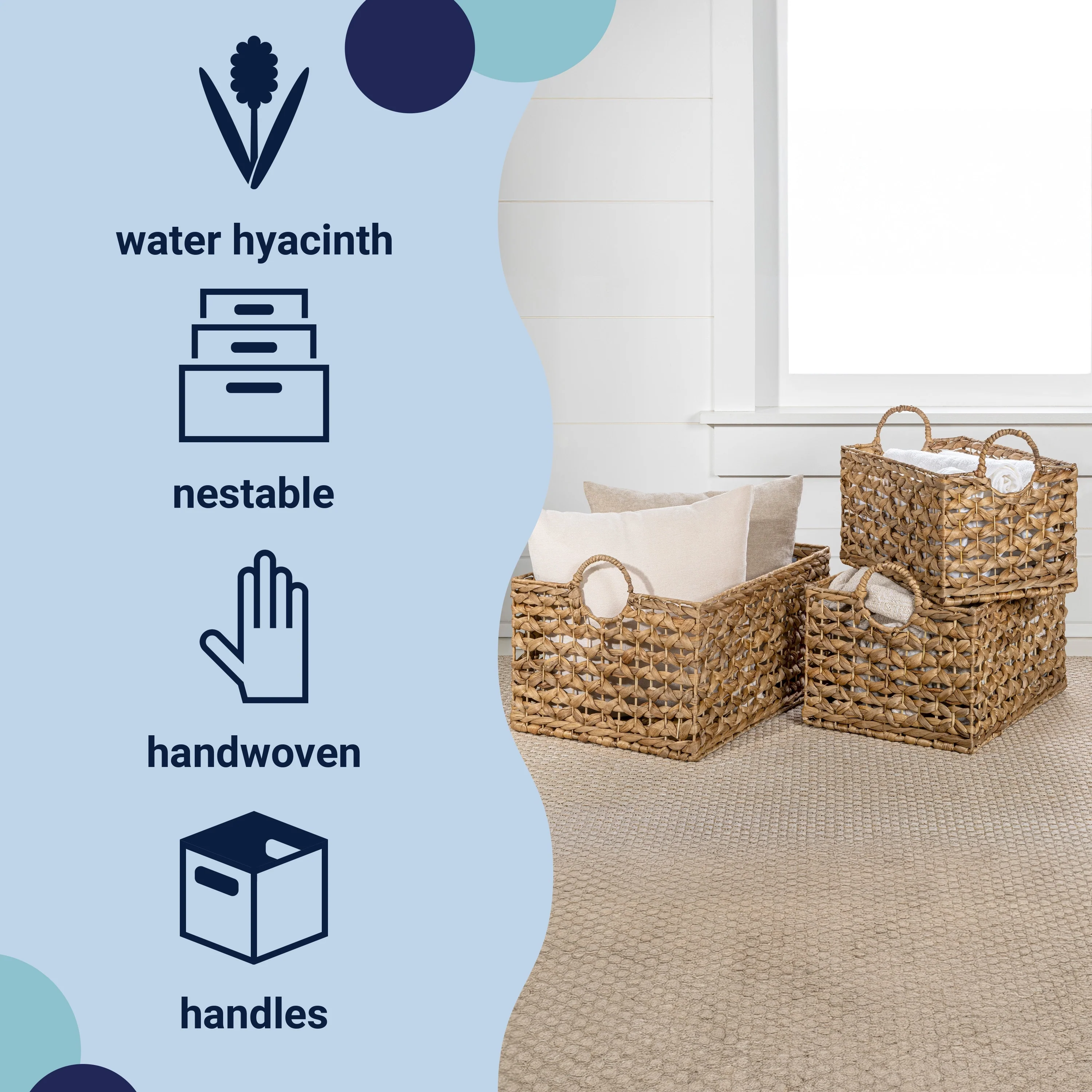 Woven Hyacinth Rectangular Storage Baskets with Handles (Set of 3)