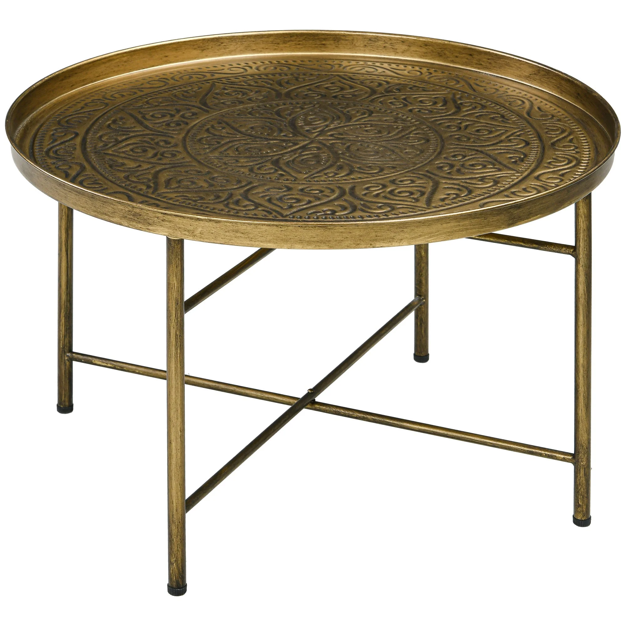 Round Coffee Table with Hammered Tray Top and X-Shaped Metal Base