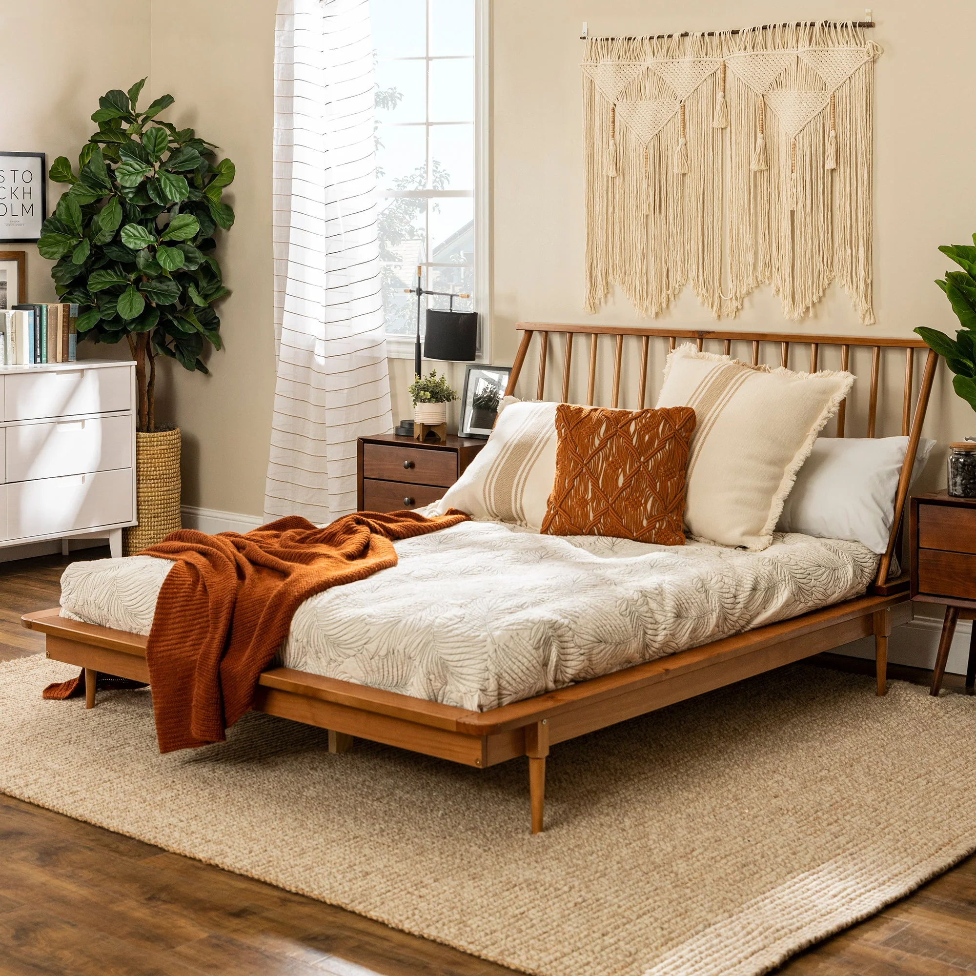 Meadow Solid Wood Queen Platform Bed Frame with Spindle Headboard