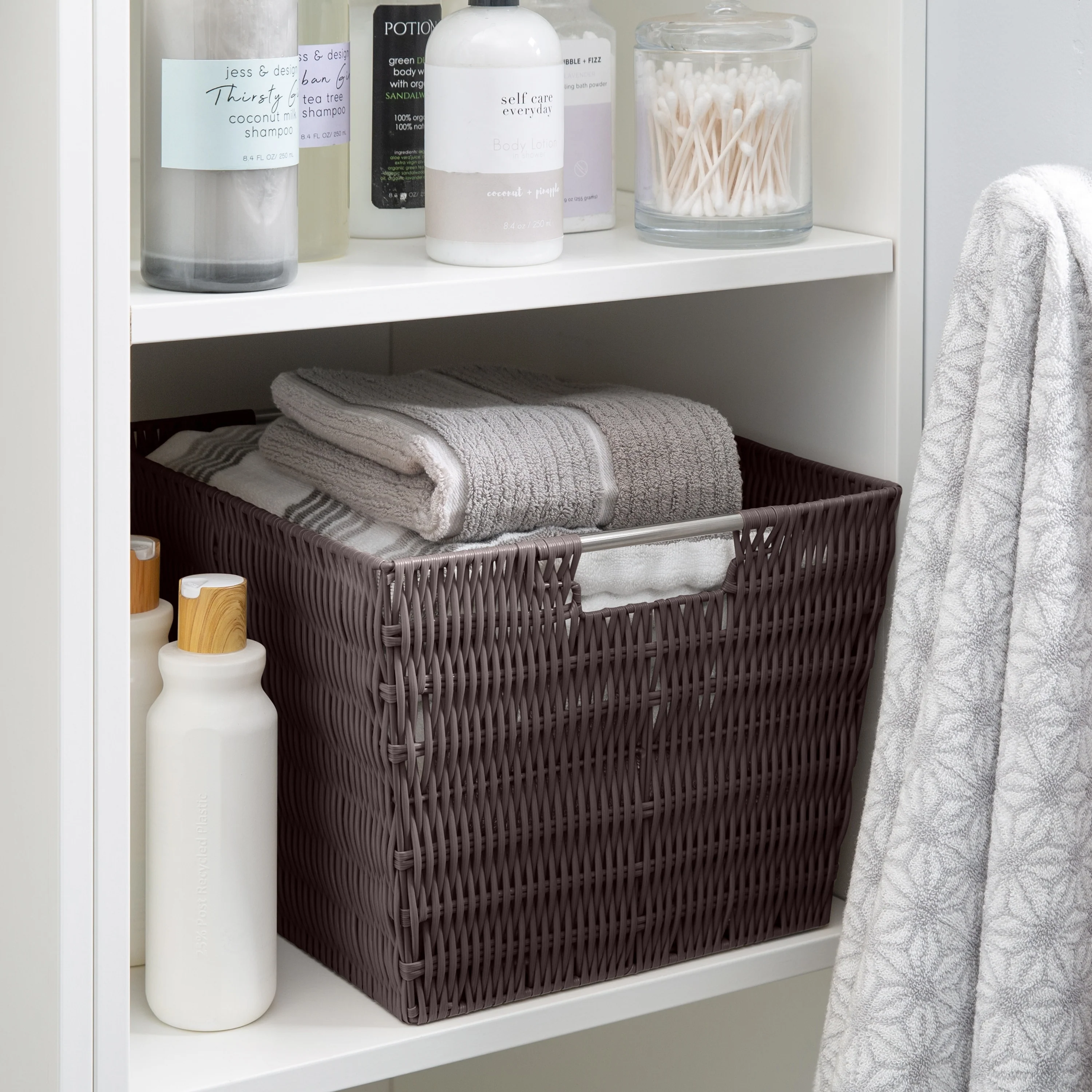 Simplify Large Rattan Storage Tote Basket in Charcoal