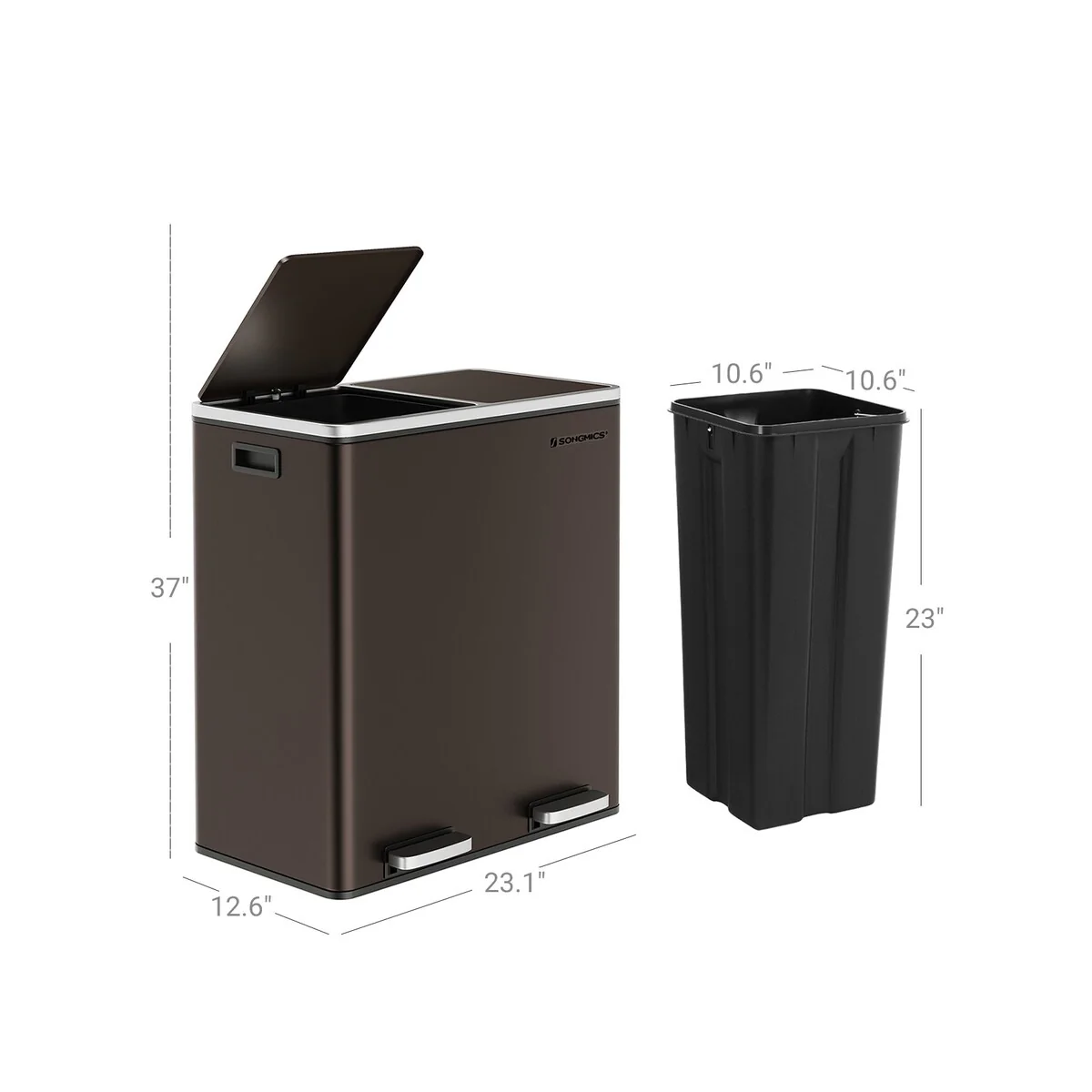 SONGMICS Trash Can, 2x 8 Gallon Stainless Steel Garbage Can, Brown
