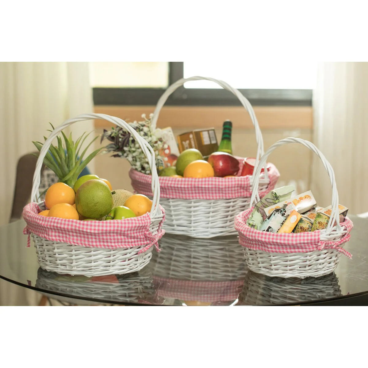 White Round Willow Gift Basket, with Gingham Liner and Handle