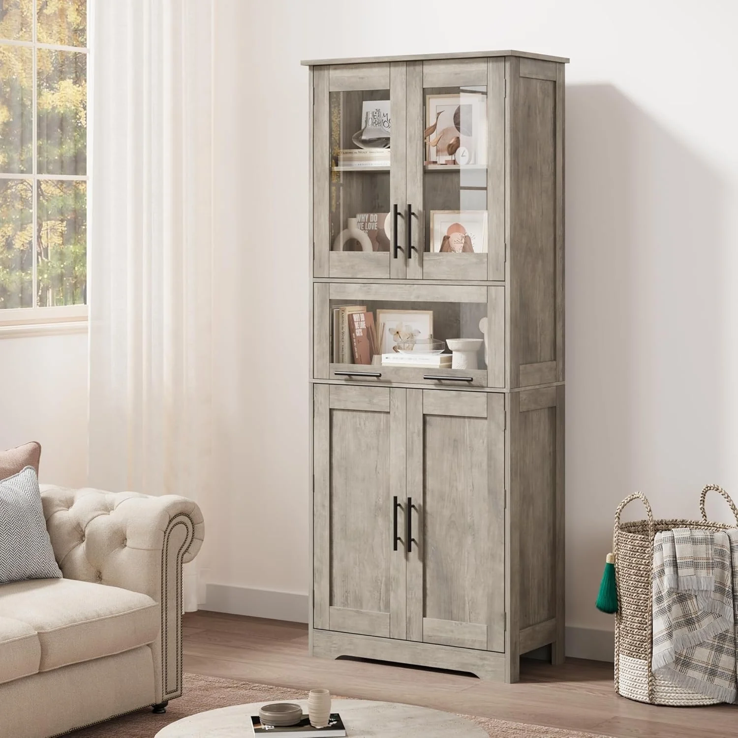 Tall Bathroom Cabinet, Linen Storage Cabinet with Doors and Adjustable Shelves and Drawer
