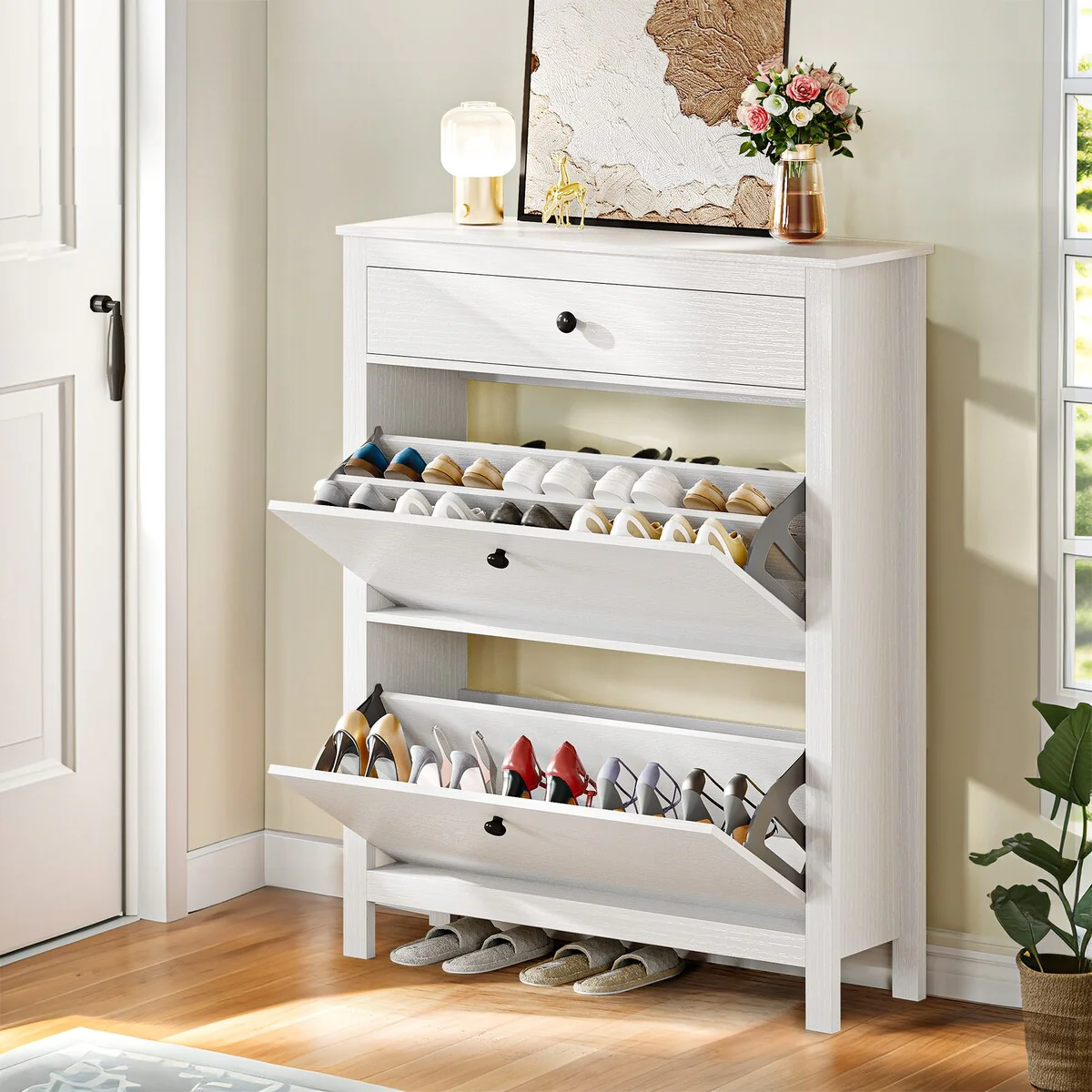 Moasis Shoe Cabinet with 2 Flip Drawer Slim White Shoe Rack Storage Cabinet