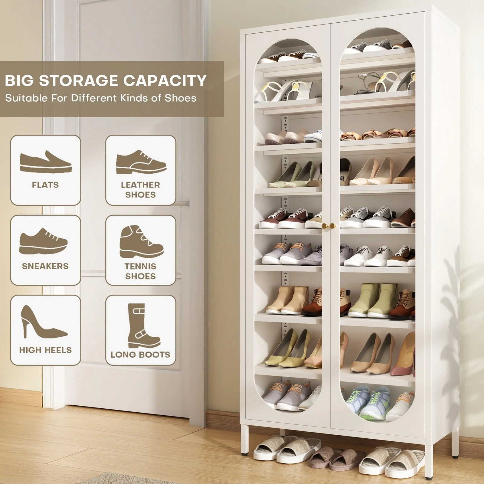 9-Tier Shoe Storage Cabinet with Glass Doors & Adjustable Shelves - 67
