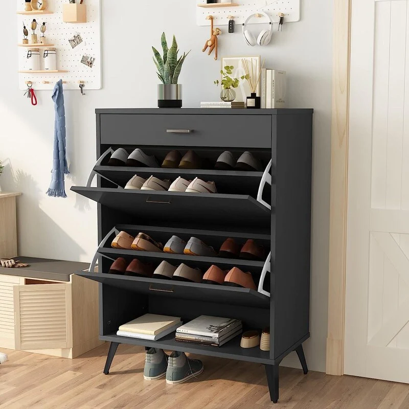 Grondin Modern Contemporary Entryway Shoe Cabinet with Drawers, Interior Adjustable/Removable Panel and Bottom Open Shelf