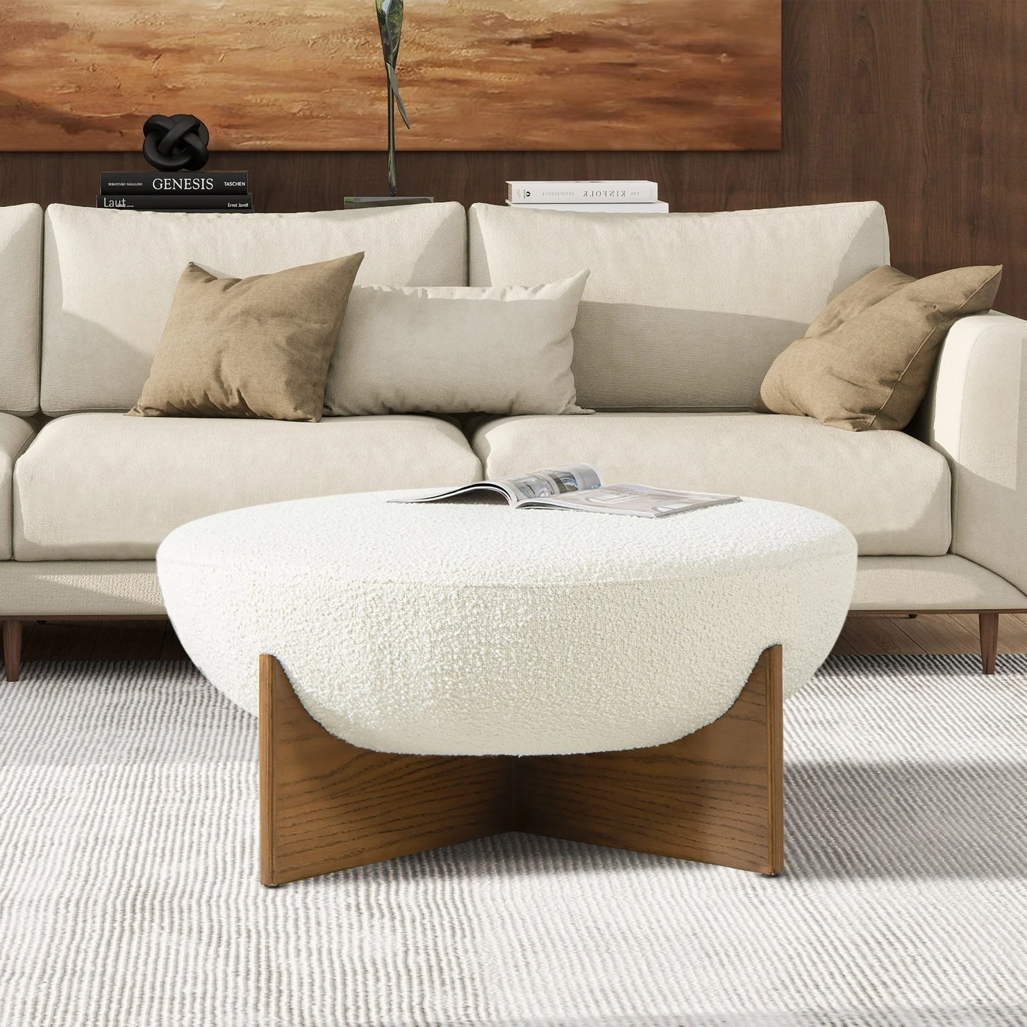 Aviation Round Upholstered Cocktail Ottoman with Natural Wood Base