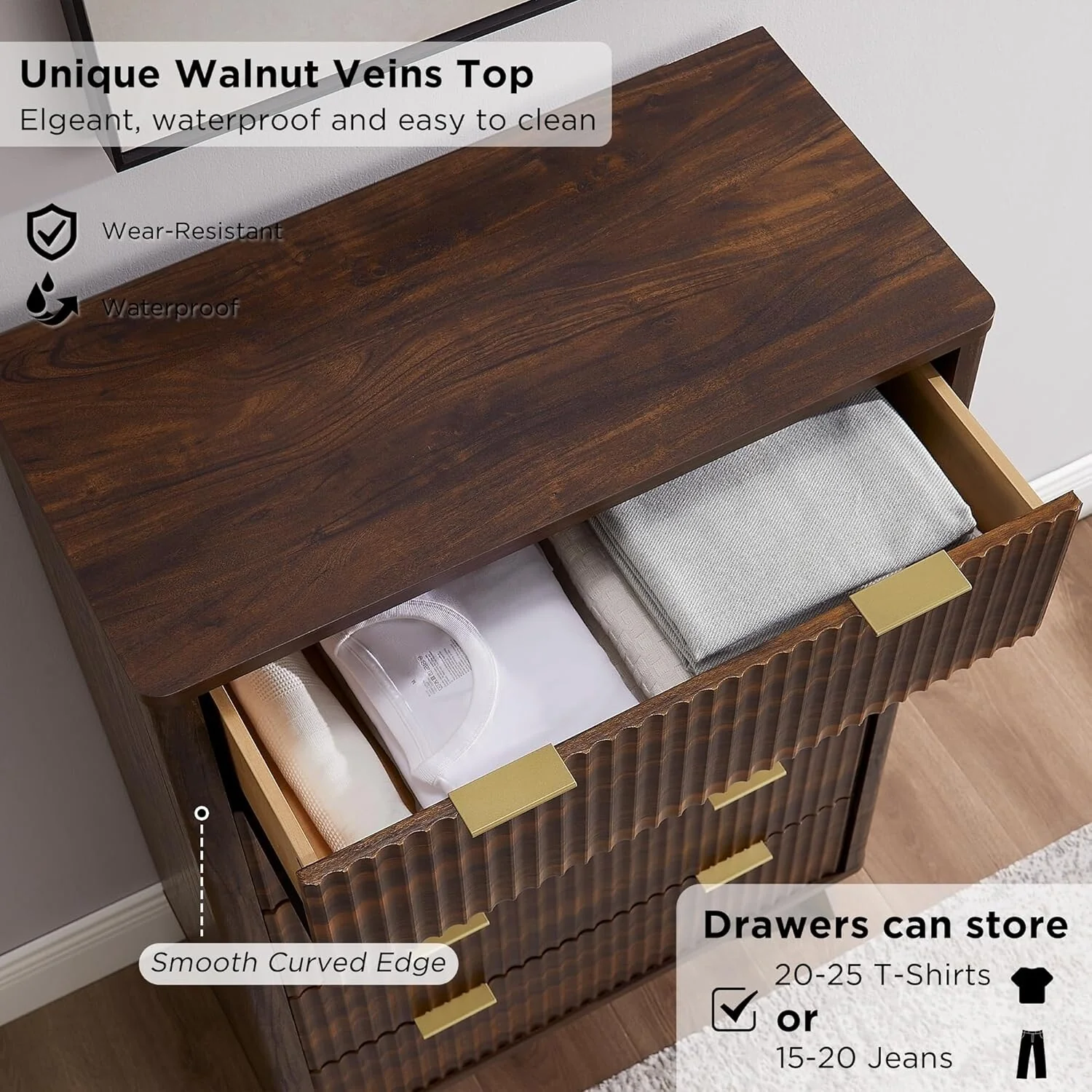 Modern Fluted 5 Drawers Dresser, Chest of Drawers, Dresser TV Stand
