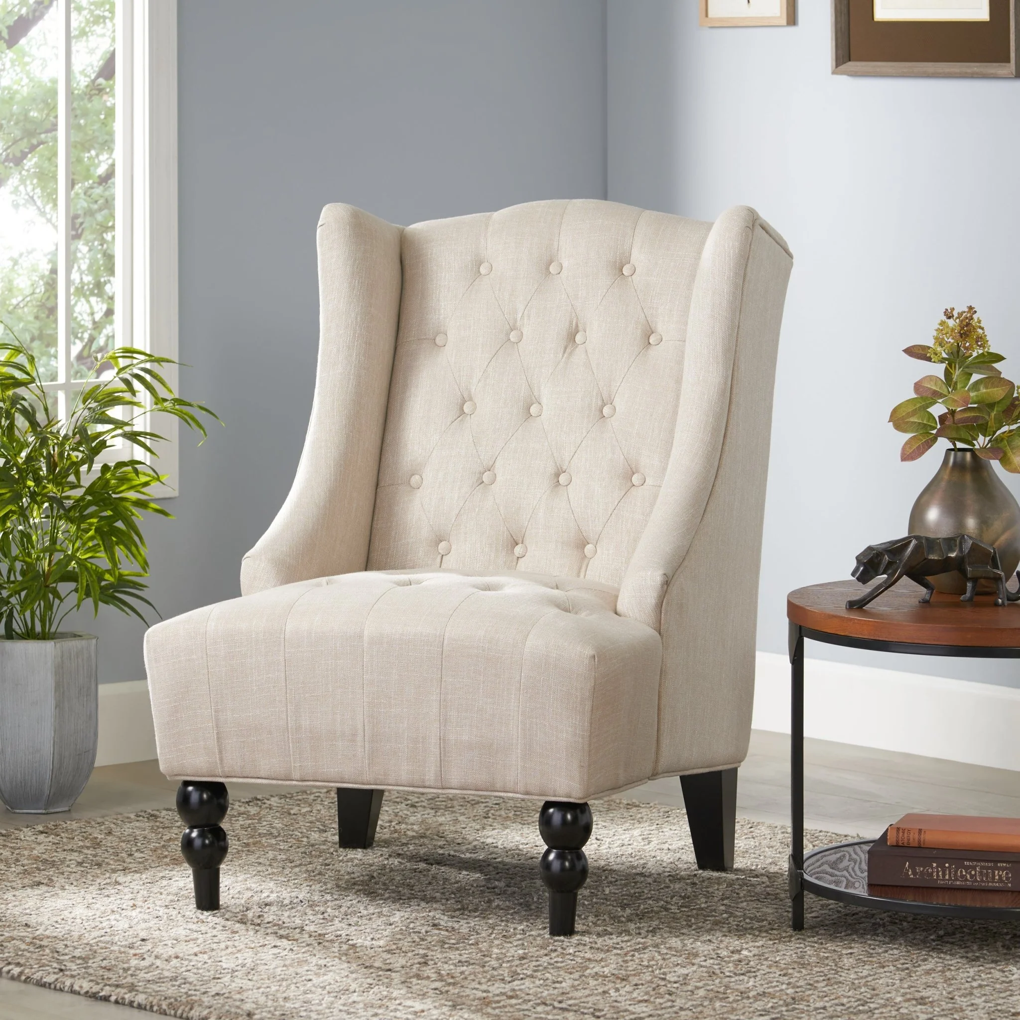Upholstered Accent Chair with Diamond Tufted Wing Back