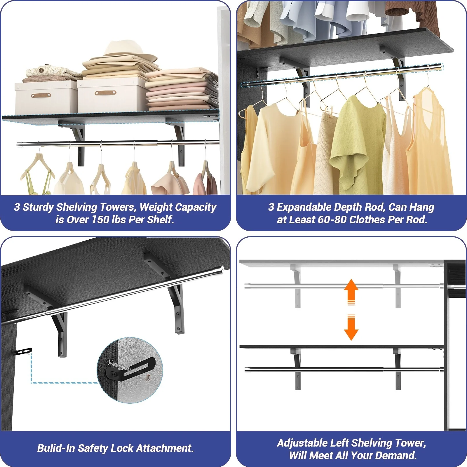 Rackcog 20-96'' W Closet System Starter Kit, Sturdy DIY Closet Organizer with 3 Winged Storage Shelves