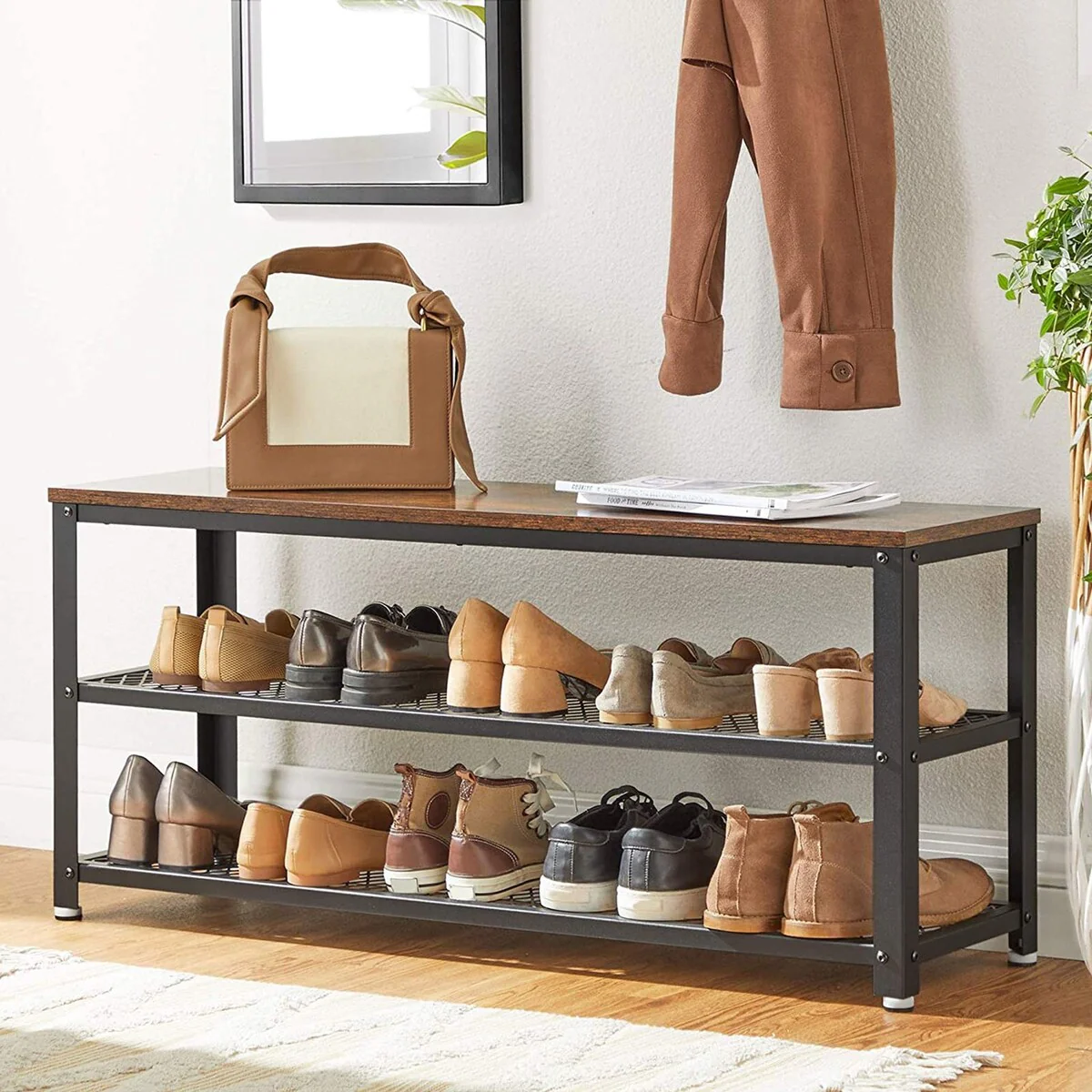 VASAGLE Industrial Shoe Bench, 3-Tier Shoe Rack, 39.4 Inches Long Storage Shelves, for Entryway