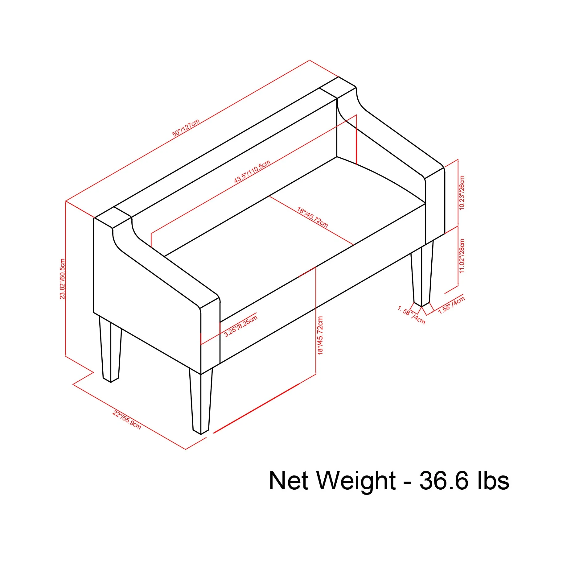 Upholstered Bench with Low Back and Swooped Arms