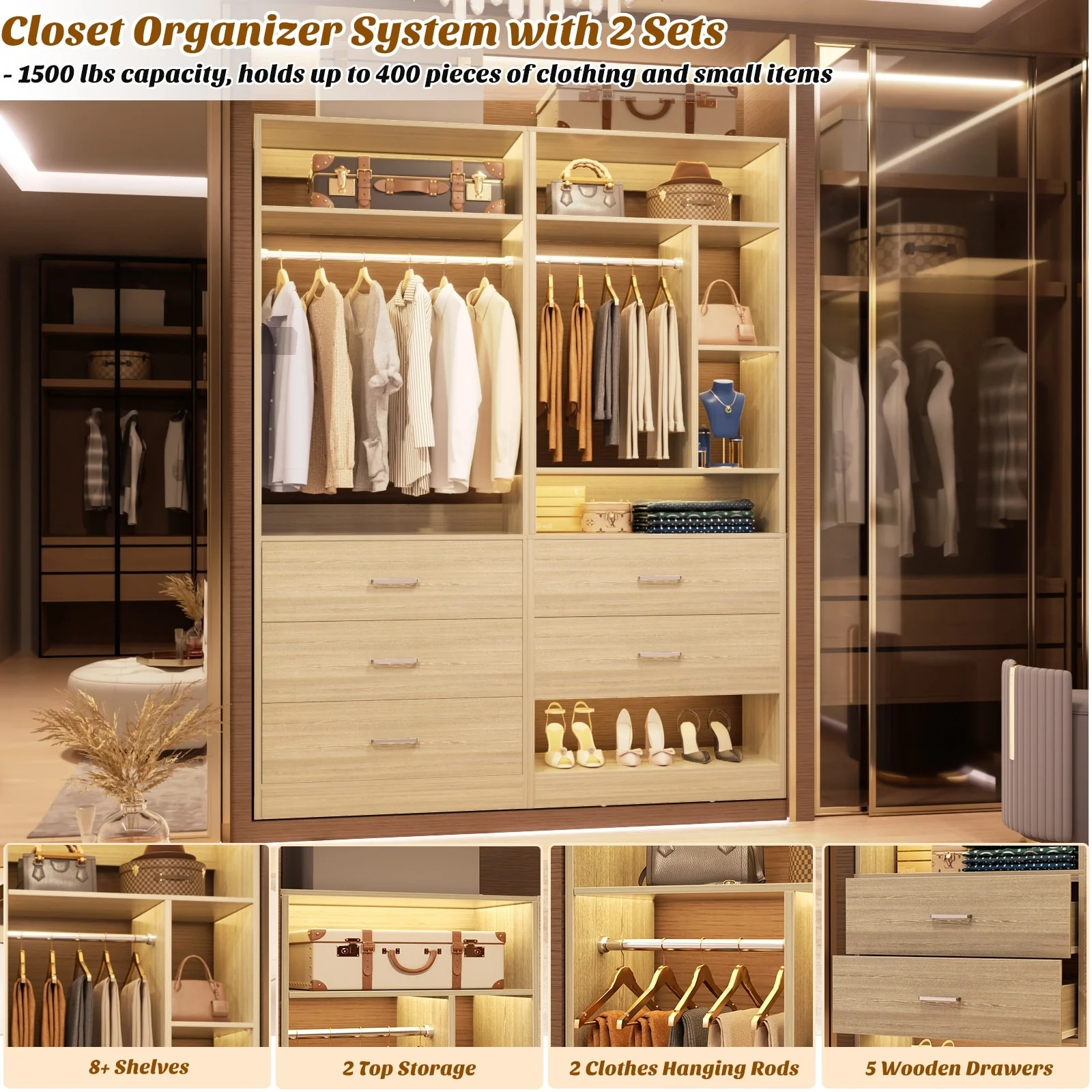 Kyrvo 48''W Set of 2 Freestanding Closet System with 5 Drawers ＆ 2 Hanging Rods,Reversible Wardrobe for Walk-in/Reach-in Closet