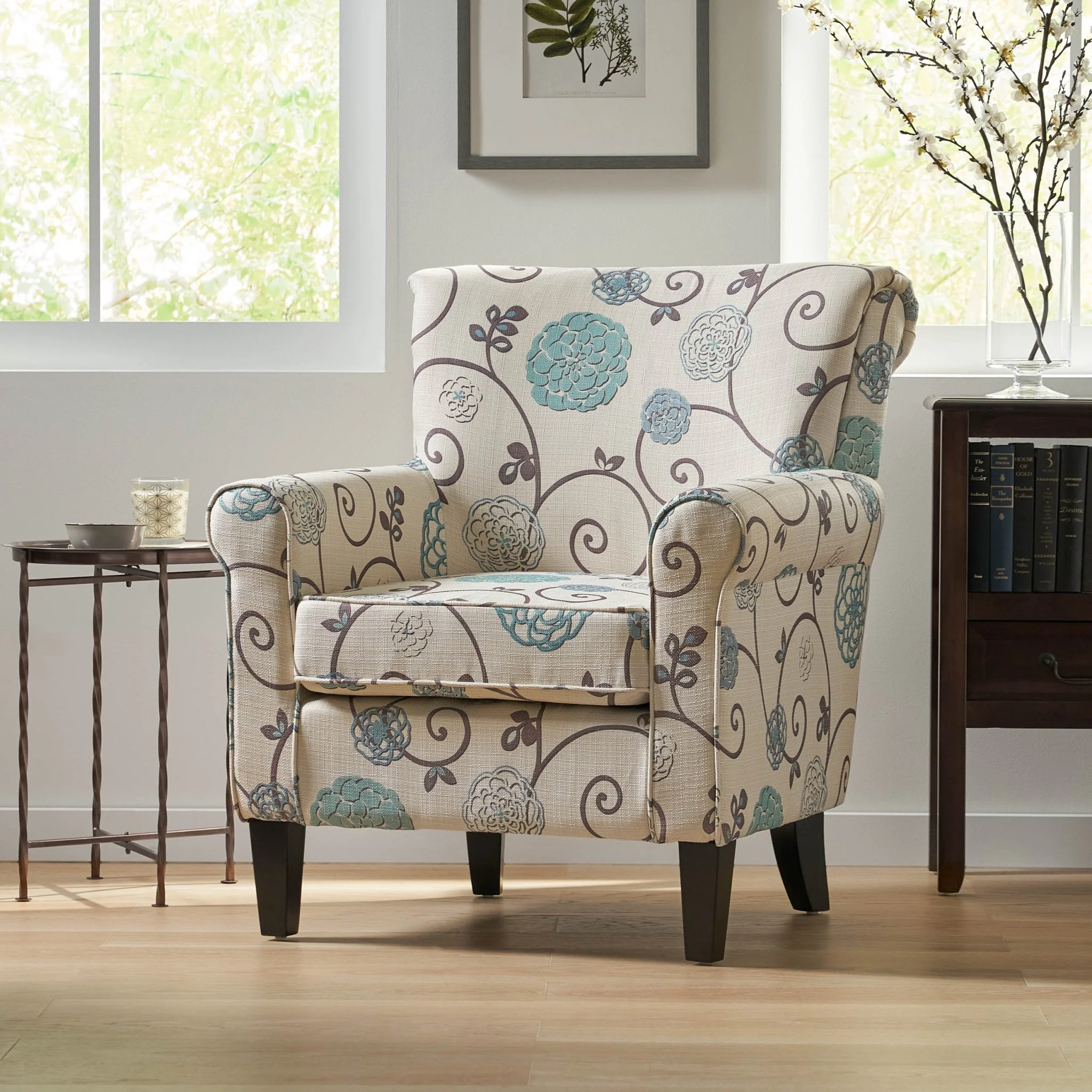Upholstered Chair with Floral Pattern Design and Solid Wood Legs