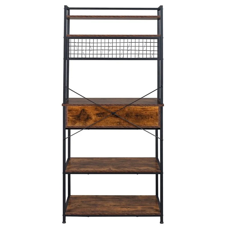 5-Tier Kitchen Bakers Rack with 10 S Hooks and 1 drawer Rustic Brown