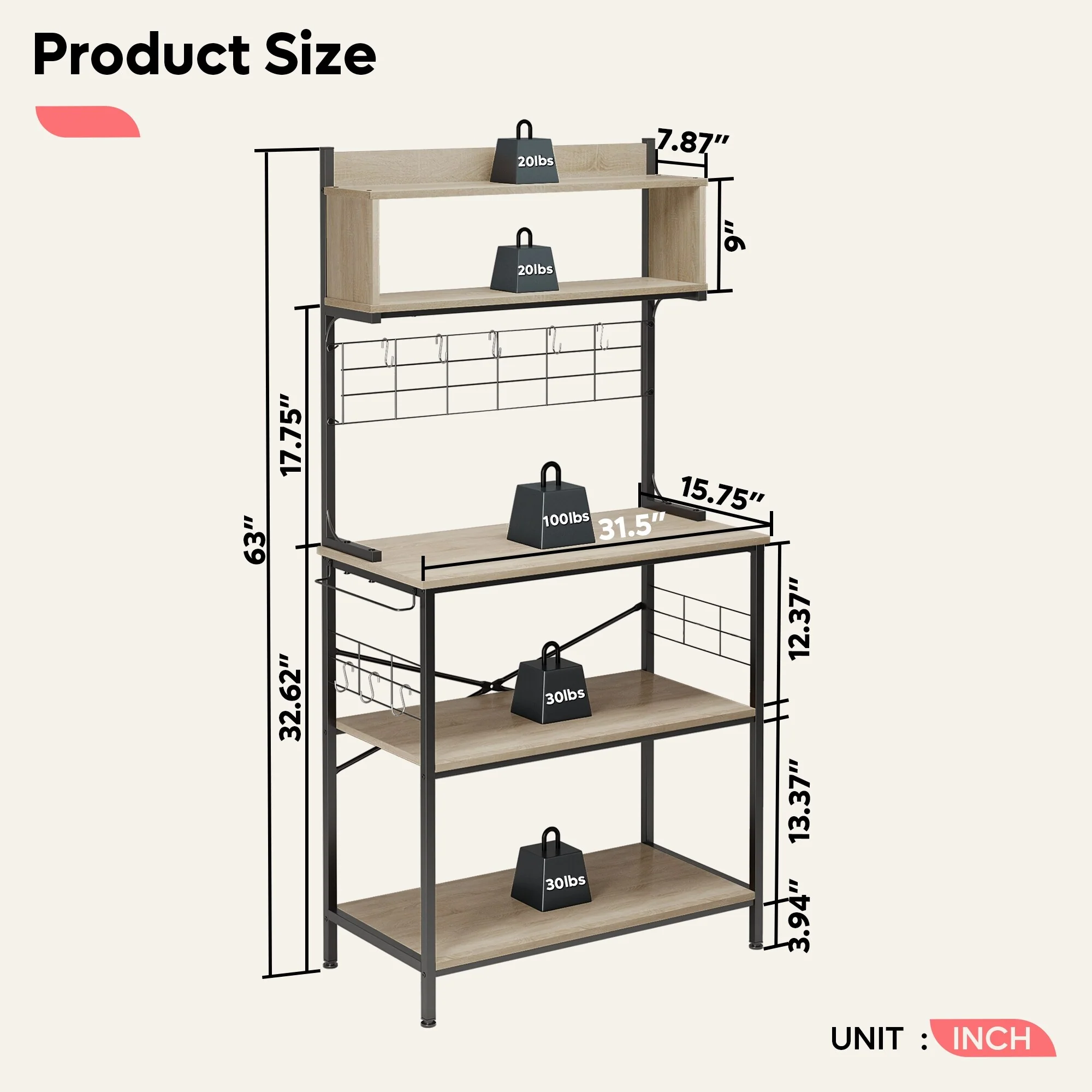 63 Inch Kitchen Baker's Rack with Hutch 8 Side Hooks