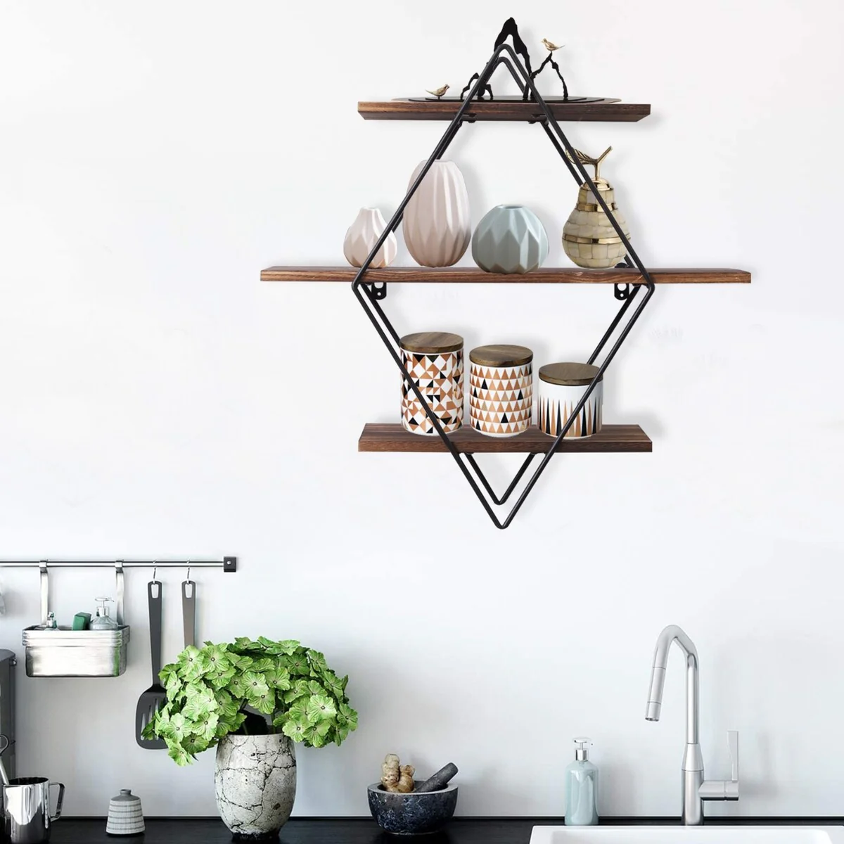 3Tier Metal Wall Shelves in Geometric Diamond for Home Display Storage
