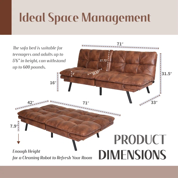 71" Convertible Faux Leather Futon Twin Size with Adjustable Arms