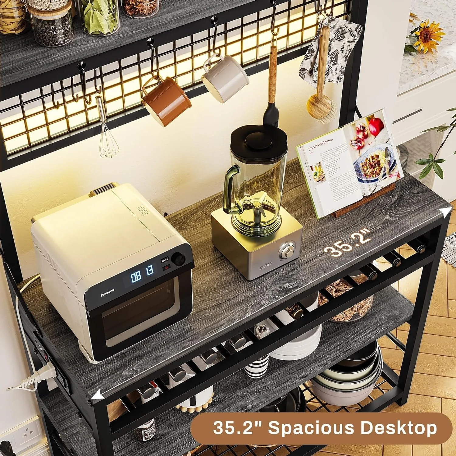 Bakers Rack with Power Outlet 6-Tier Coffee Bar Microwave Stand