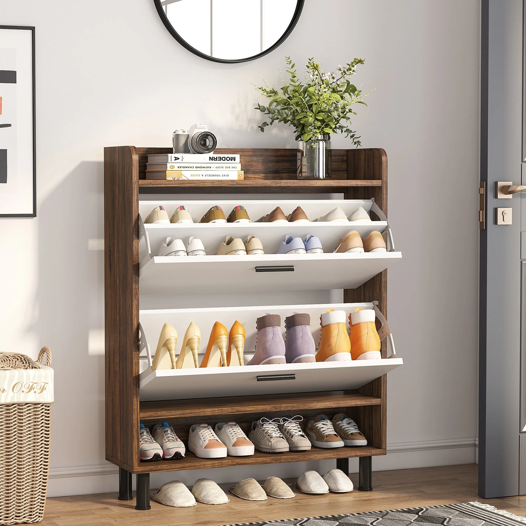 24 Pairs Shoe Storage Cabinet Rack with 2 Flip Drawers - 2-Tier