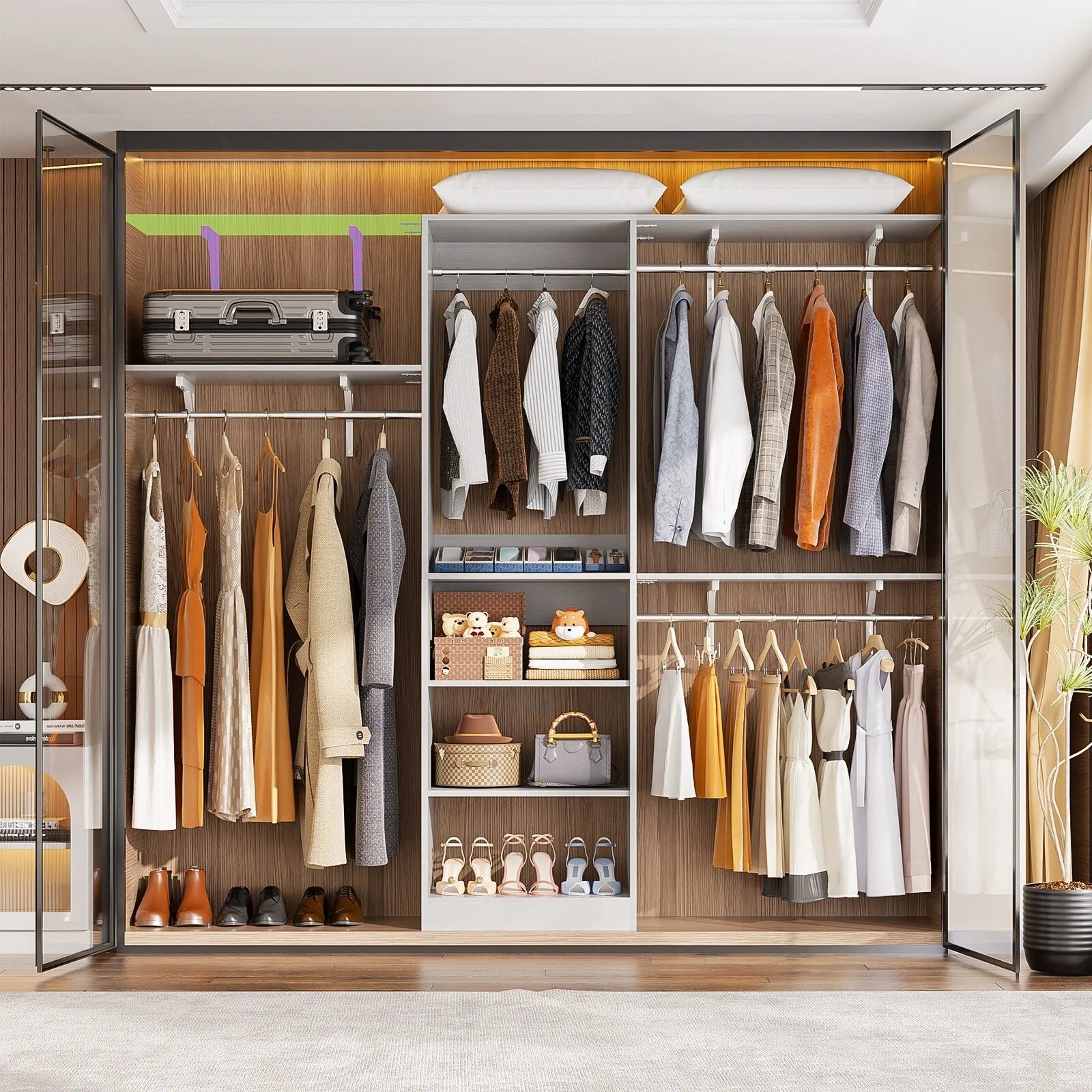 Rackcog 20-96'' W Closet System Starter Kit, Sturdy DIY Closet Organizer with 3 Winged Storage Shelves