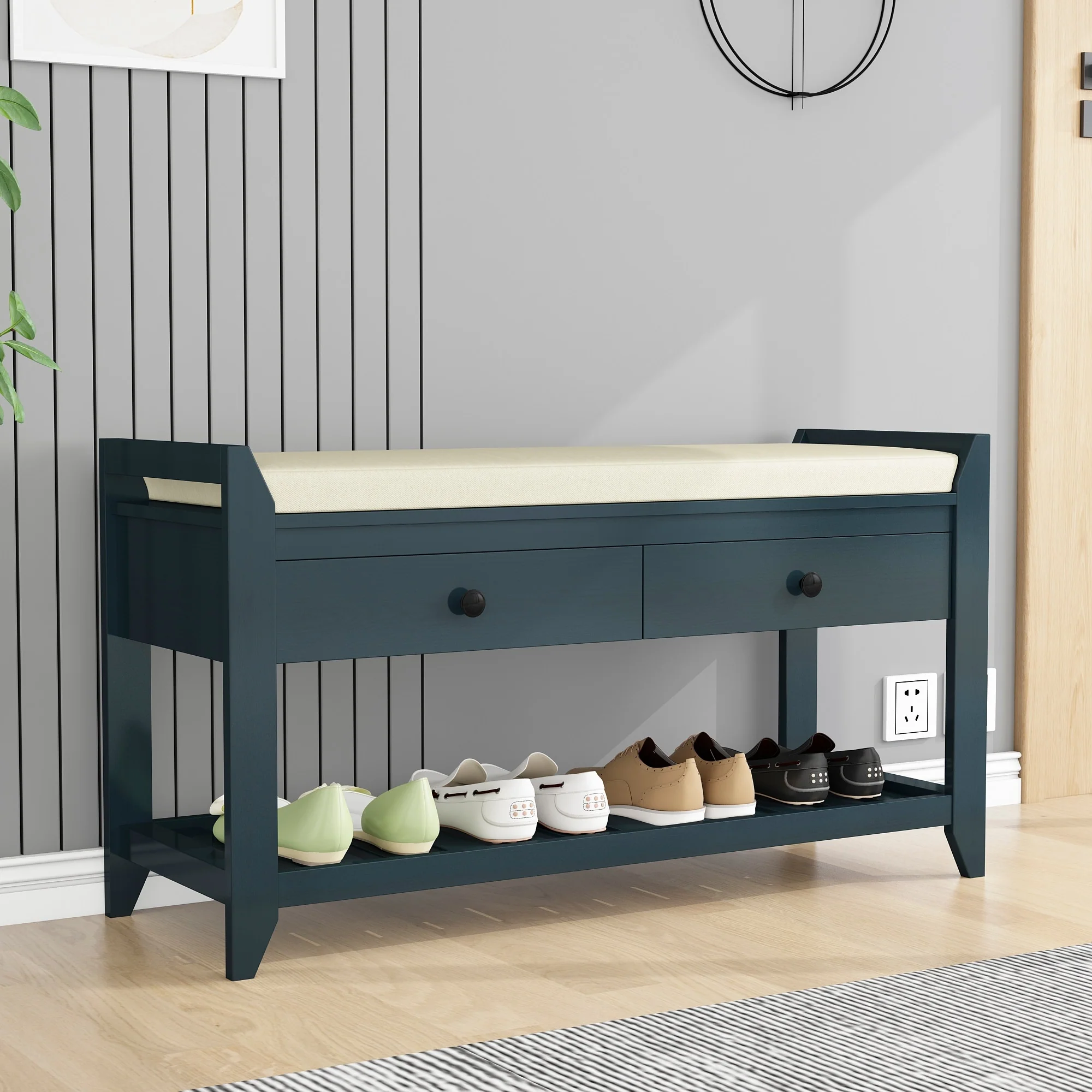 Multi-purpose Shoe Rack with Cushioned Seat and Drawers