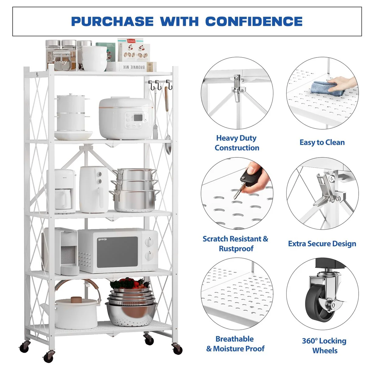 5-Tier Foldable Storage Shelving Unit, Heavy Duty Metal Kitchen Shelf with 3 Hooks
