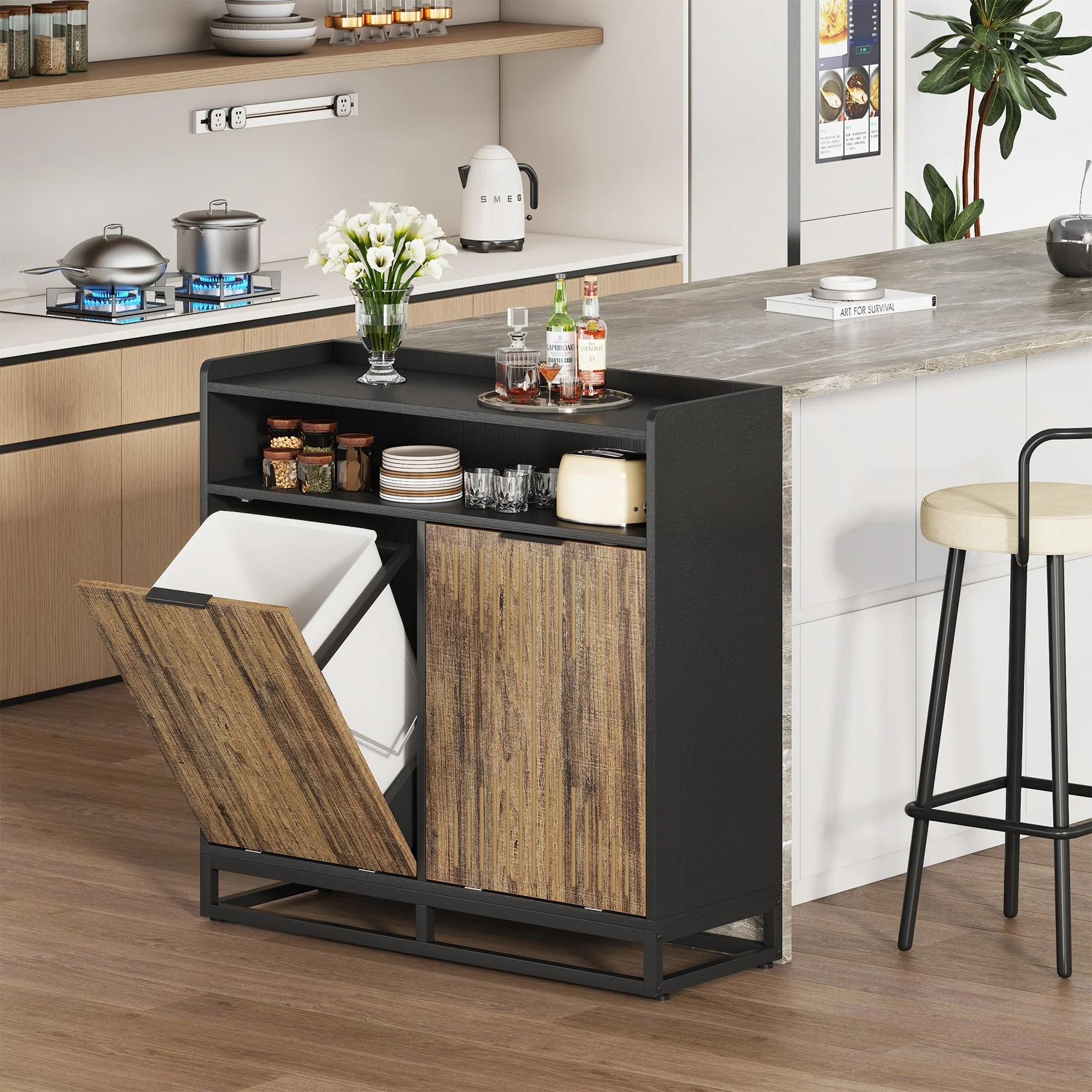 Double Tilt Out Trash Can Cabinet for Kitchen, 10 Gallon Recycling Cabinet