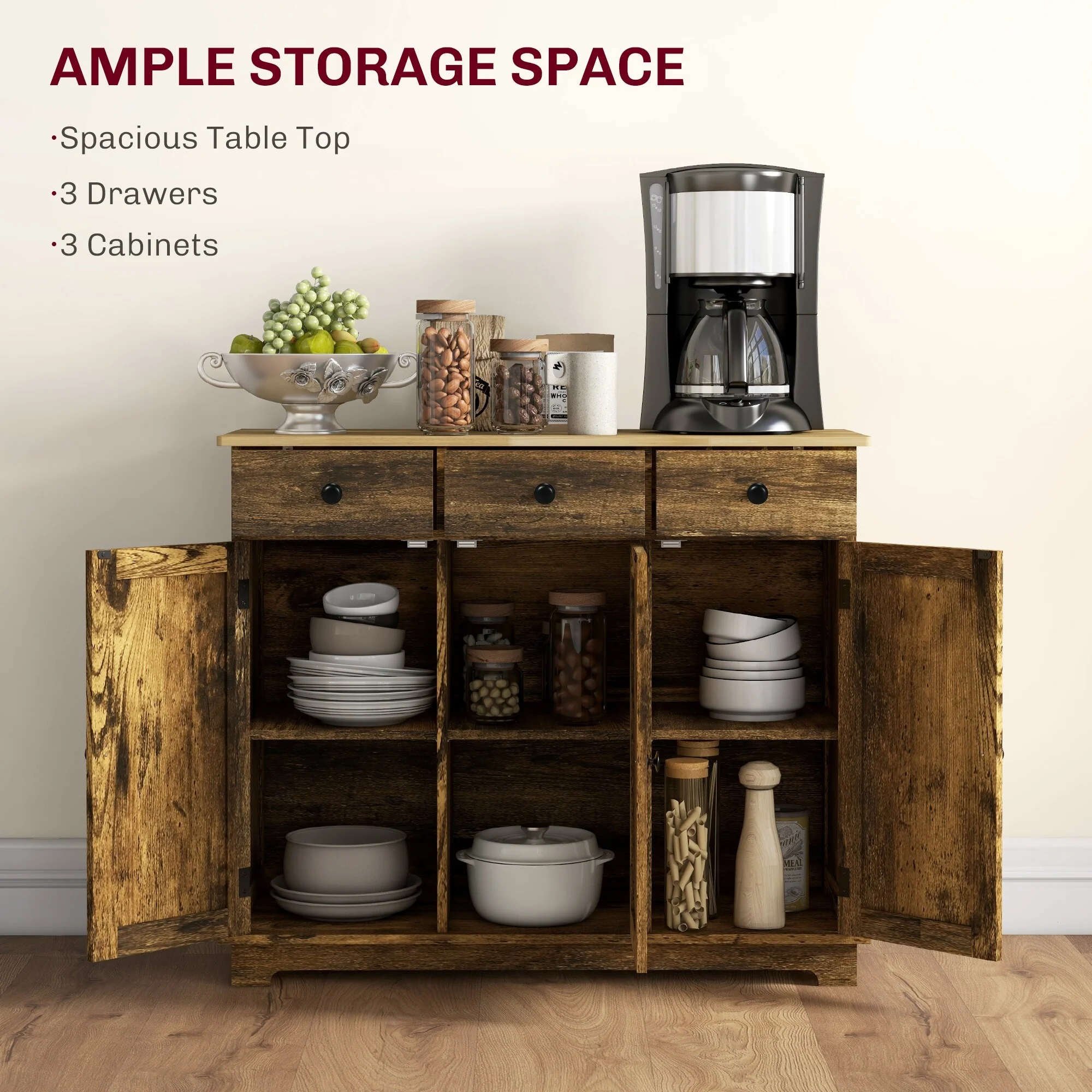 HOMCOM Sideboard with Solid Wood Countertop, Modern Kitchen Storage Cabinet, Coffee Bar Cabinet with 3 Drawers
