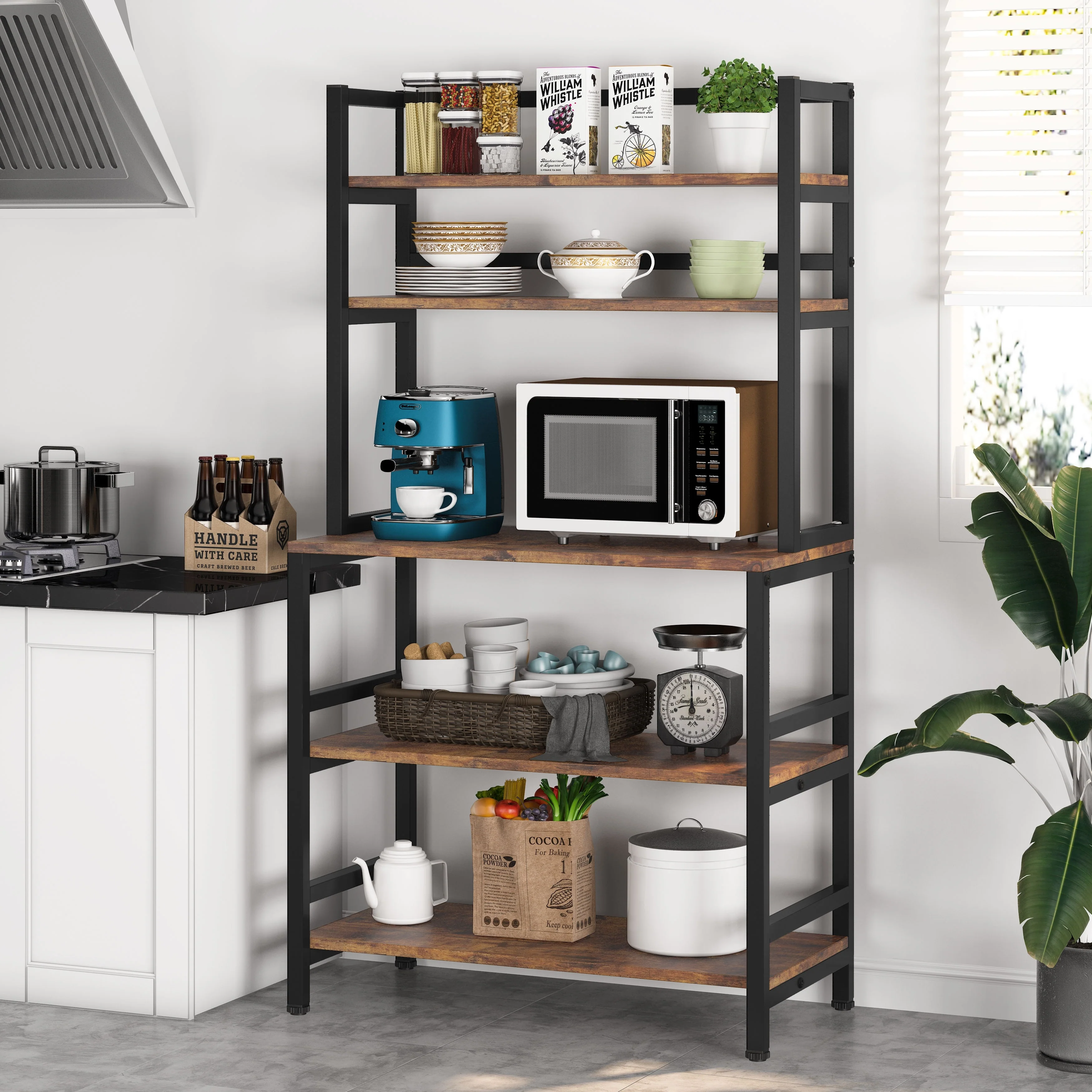Brown/ Black Kitchen Bakers Rack Industrial Microwave Oven Stand,White 5-Tier Utility Storage Shelf,Kitchen Stand with Hutch
