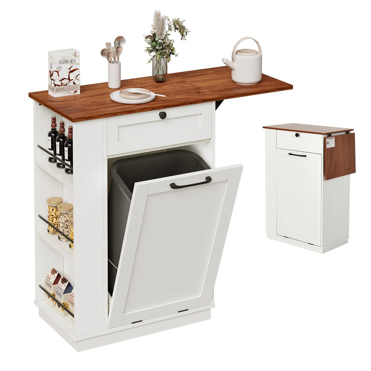 Moasis Tilt Out Trash Can Cabinet with Storage Drawer & Drop Leaf
