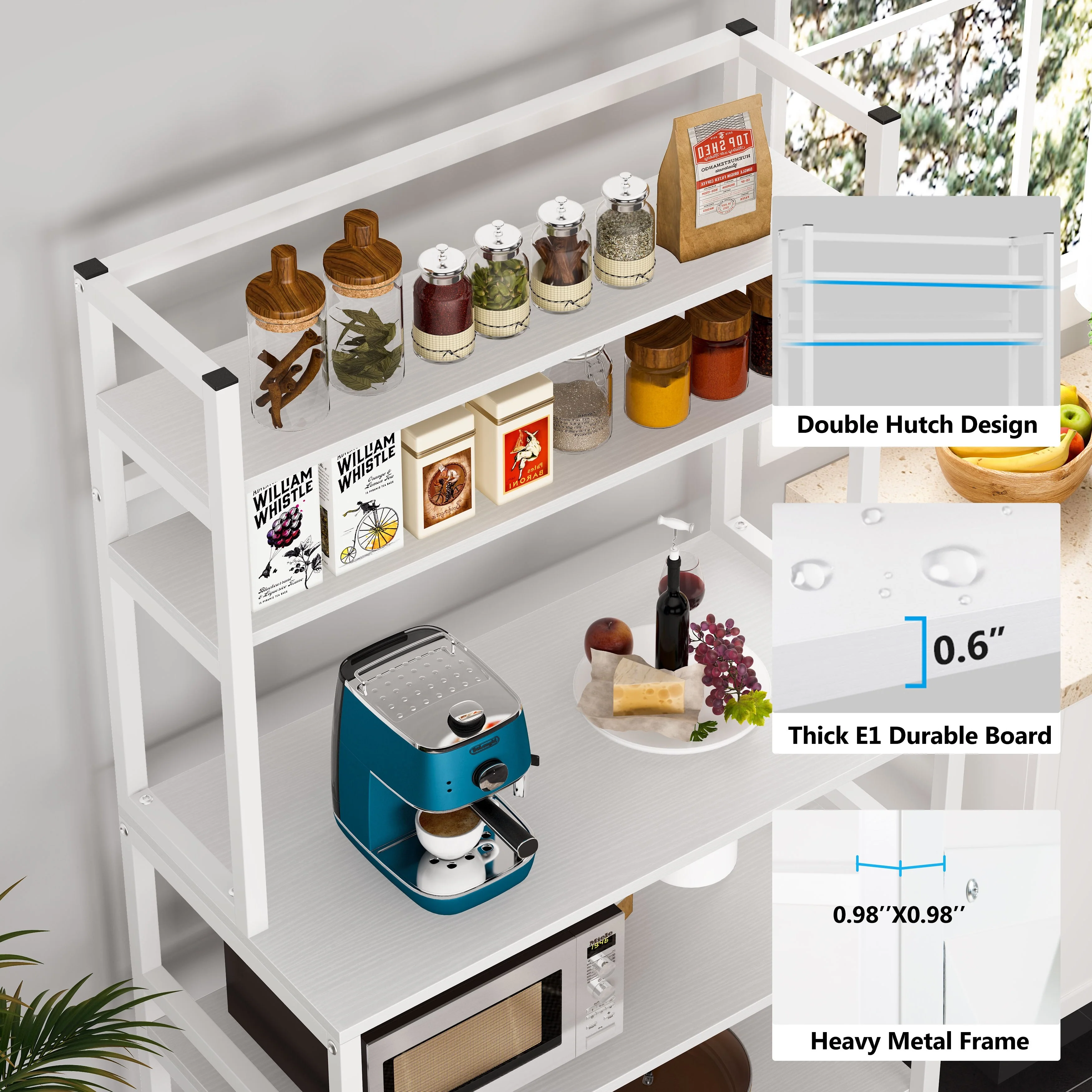 Brown/ Black Kitchen Bakers Rack Industrial Microwave Oven Stand,White 5-Tier Utility Storage Shelf,Kitchen Stand with Hutch