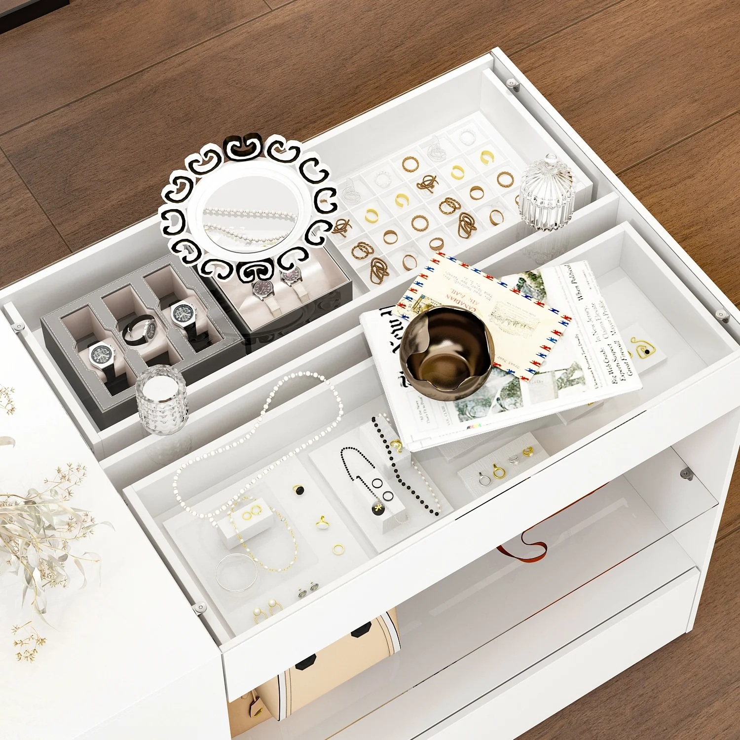 Dressing Island with Glass Shelves Spacious White Organizer Closet - 47.2