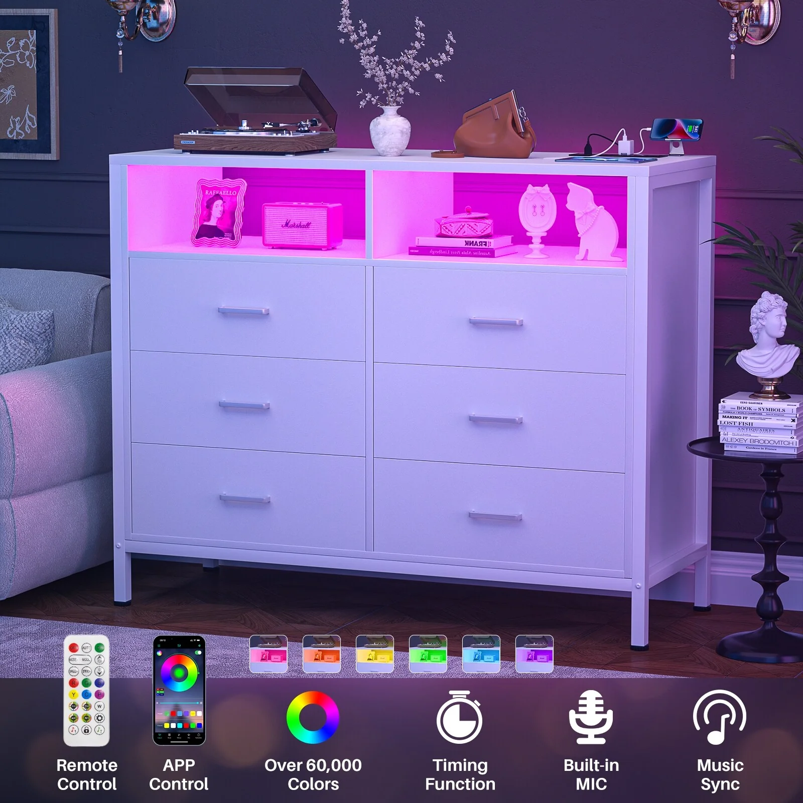 Chest of Drawers with LED Lights and Outlets,Wood Drawer Dresser for Clothes Storage