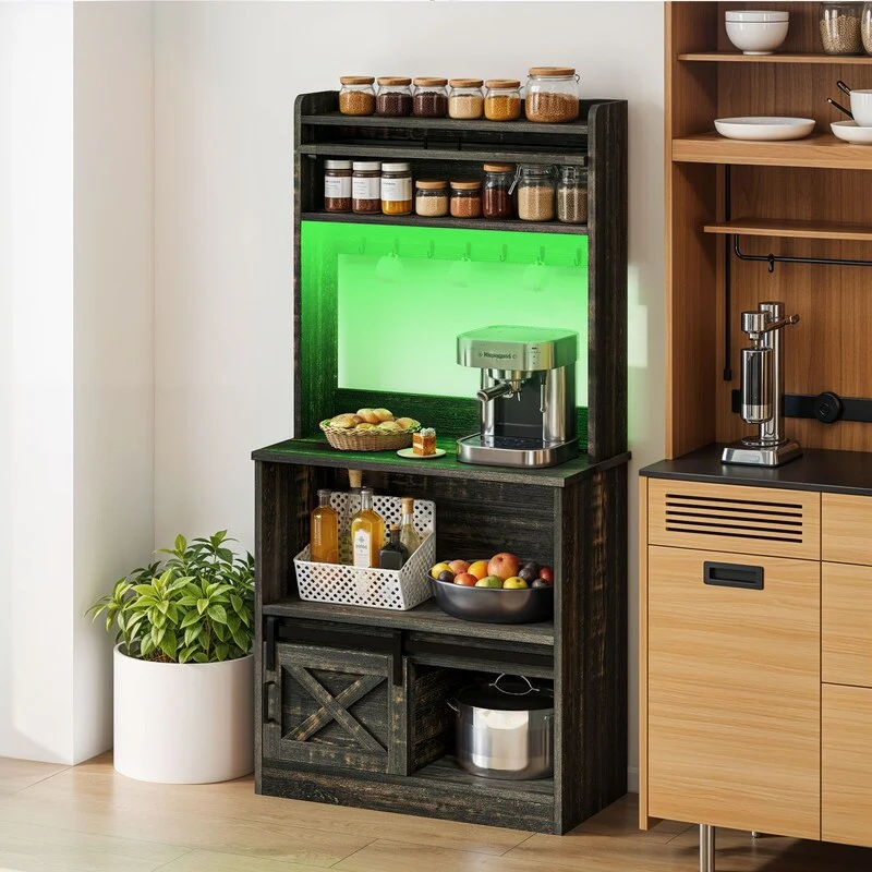 Moasis 5-Tier Bakers Rack with Hooks & LED Lights, Microwave Stand with Power Outlets