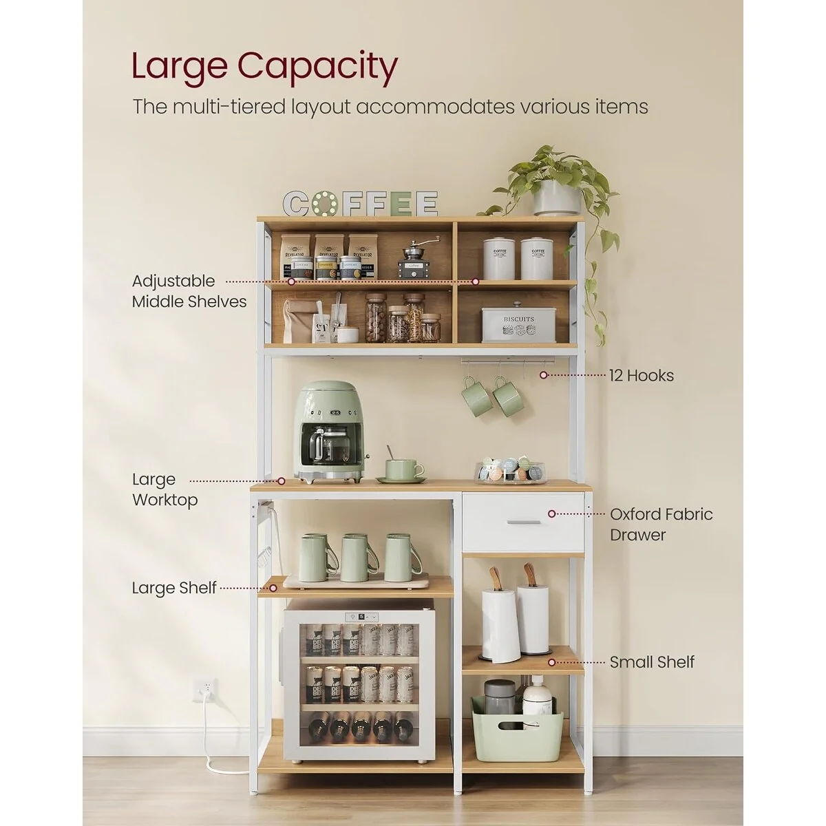 VASAGLE Bakers Rack with Charging Station, Coffee Bar Stand with Adjustable Storage Shelves