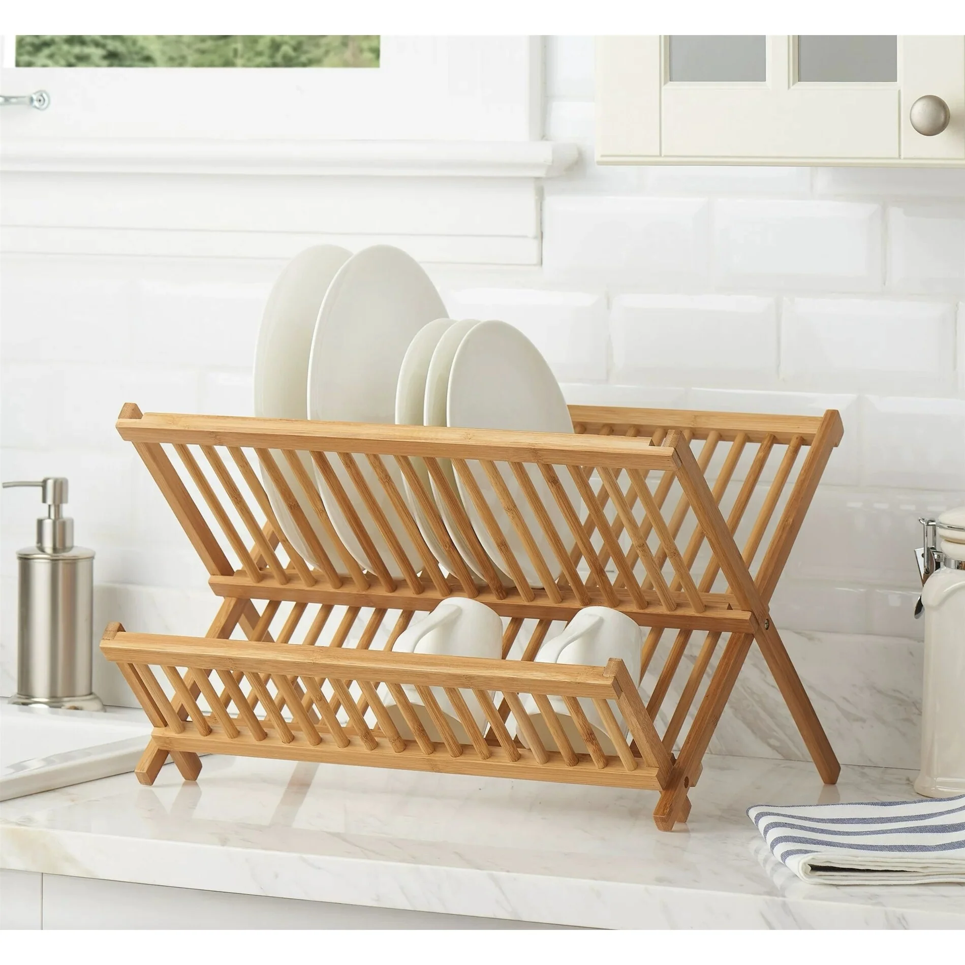 Bamboo Dish Drying Rack - 2-Tier Collapsible & Foldable Countertop Organizer, Natural Eco-Friendly Wood, Space-Saving Design
