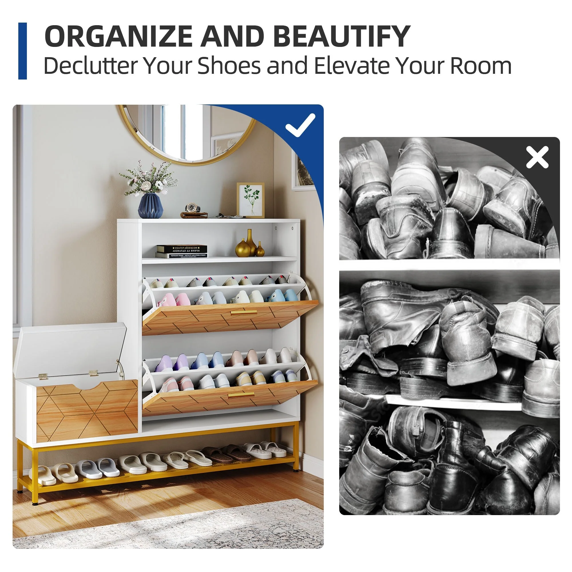 Moasis 22 Pairs Shoe Cabinet with 2 Flip Drawers, Narrow Shoes Rack with Storage Bench
