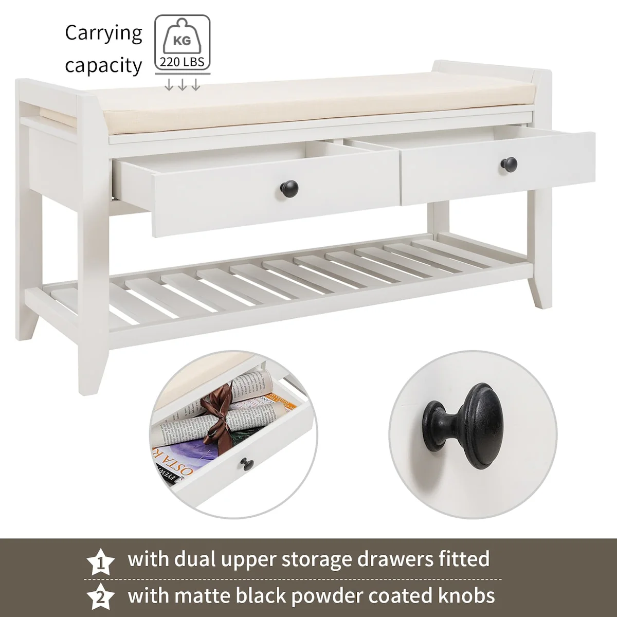 Modern Multipurpose Entryway Storage Bench With Upholstered Seat and Drawers