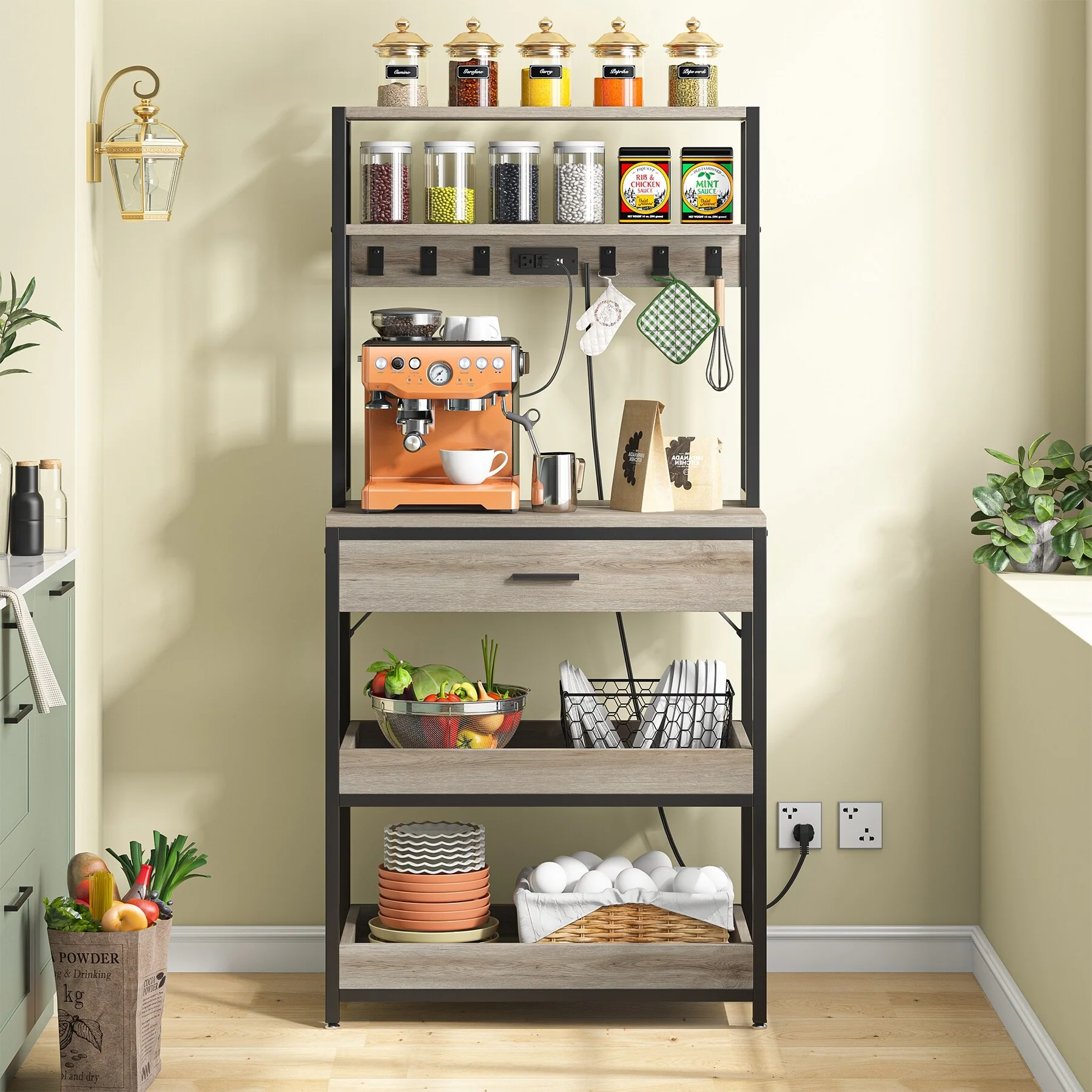 Kitchen Bakers Rack with Power Outlets, High Utility Storage Shelves Microwave Stand with Drawers