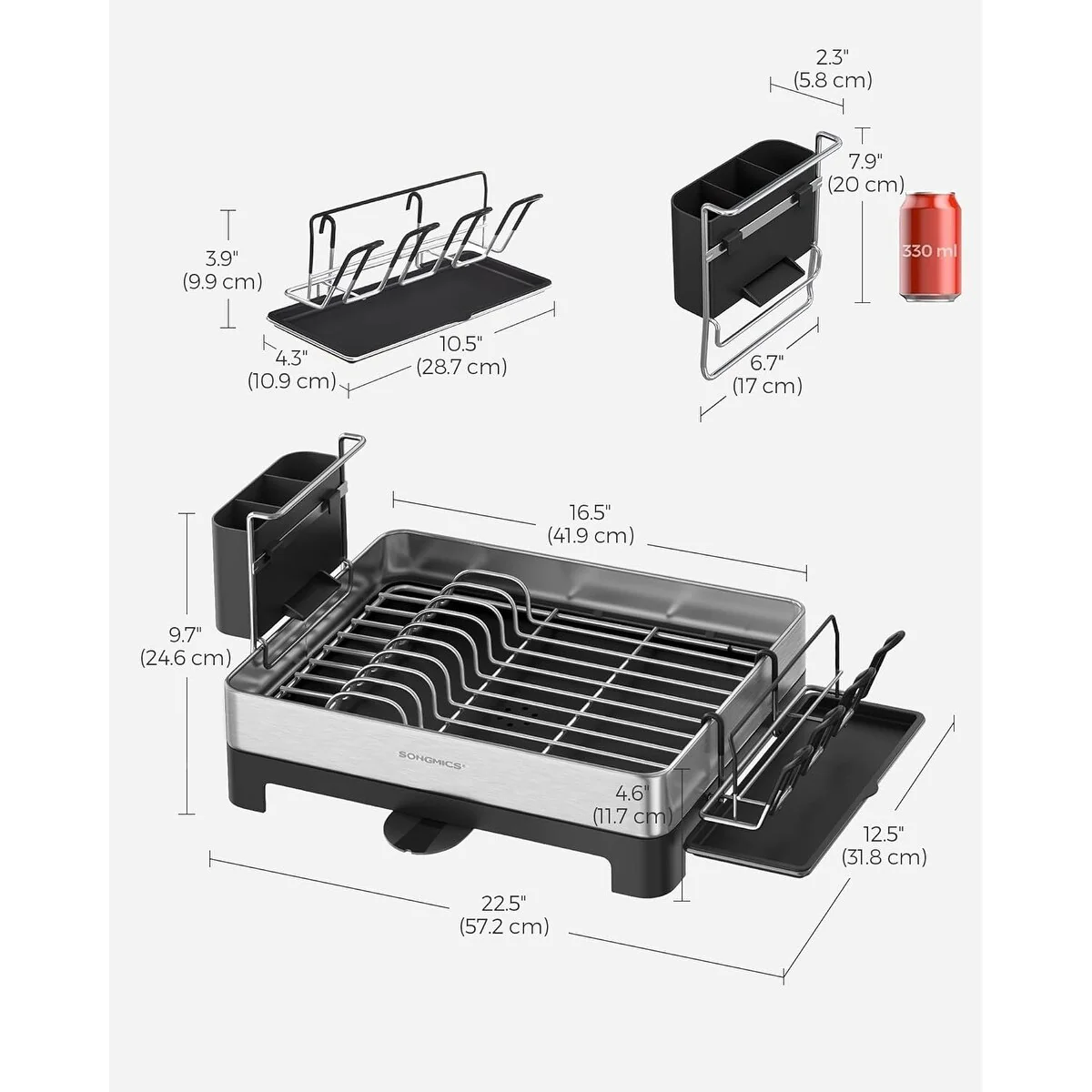 SONGMICS Dish Drying Rack, Stainless Steel Dish Rack with Rotatable Spout, Drainboard, for Kitchen