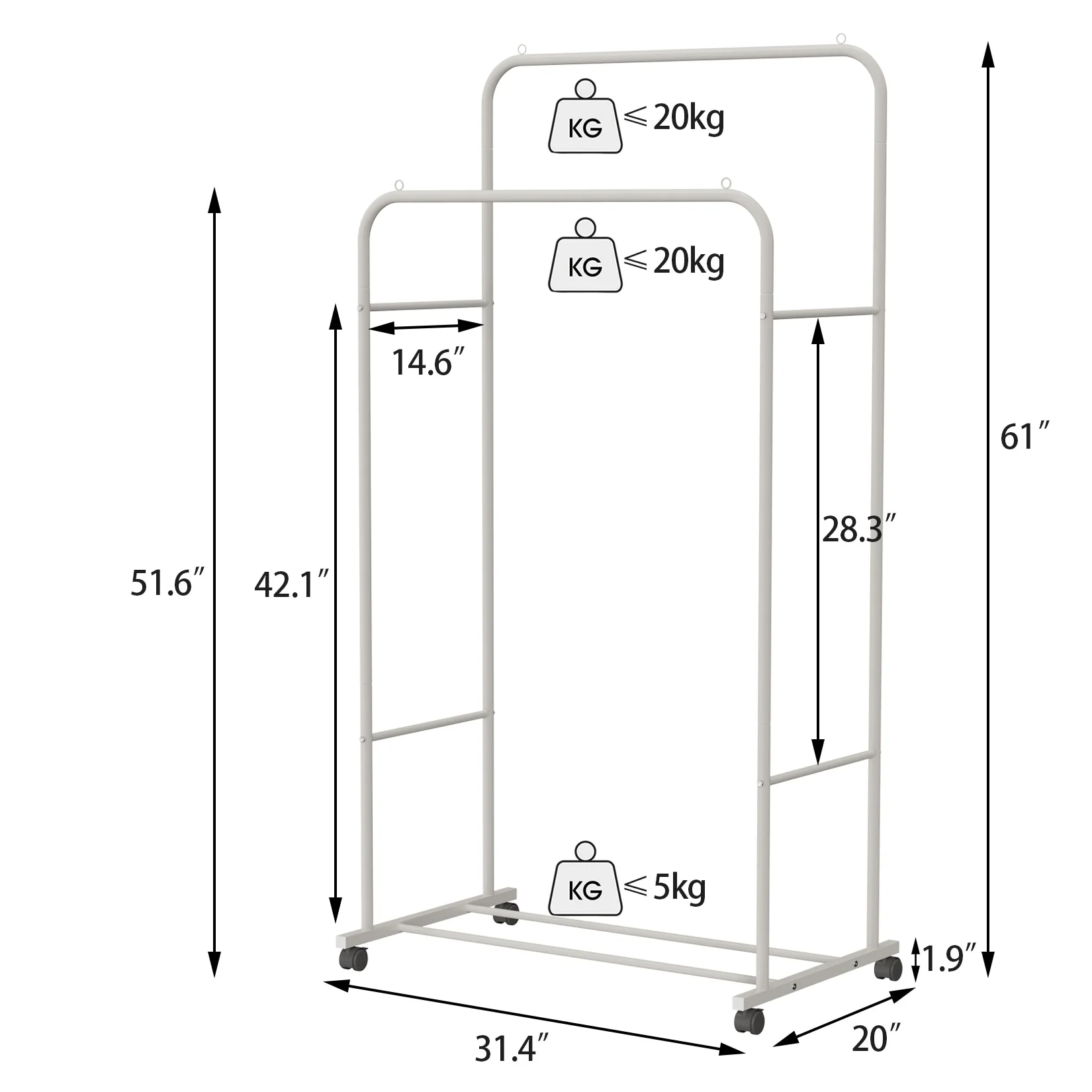 Heavy Duty Clothes Rack Double Rod Clothing Stand with Shelf - 31.4x20x61 inch