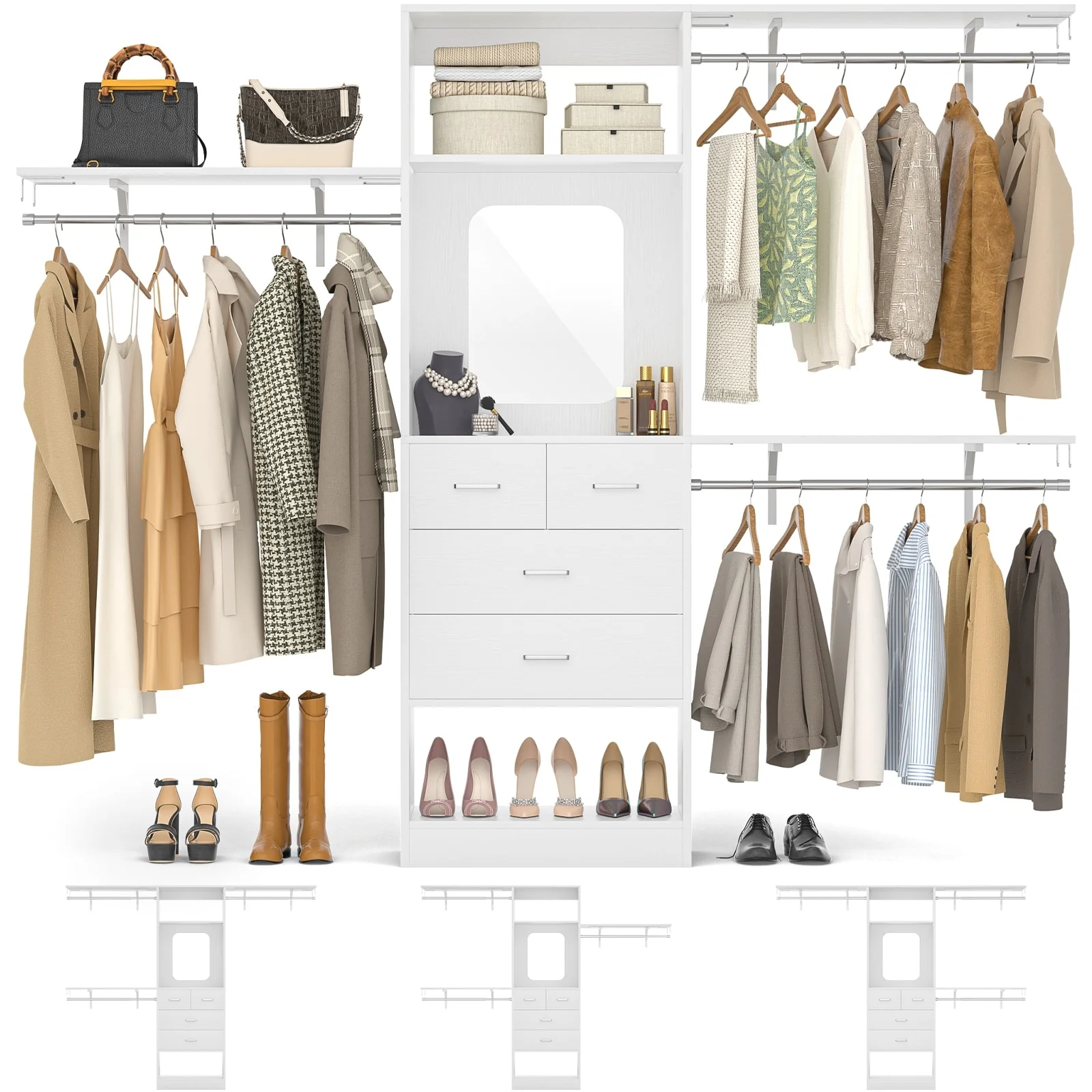 96'' W Closet System with Mirror, 8FT Walk-in Closet Organizer Kits with 4 Wooden Drawers ＆ 3 Extendable Hanging Rods