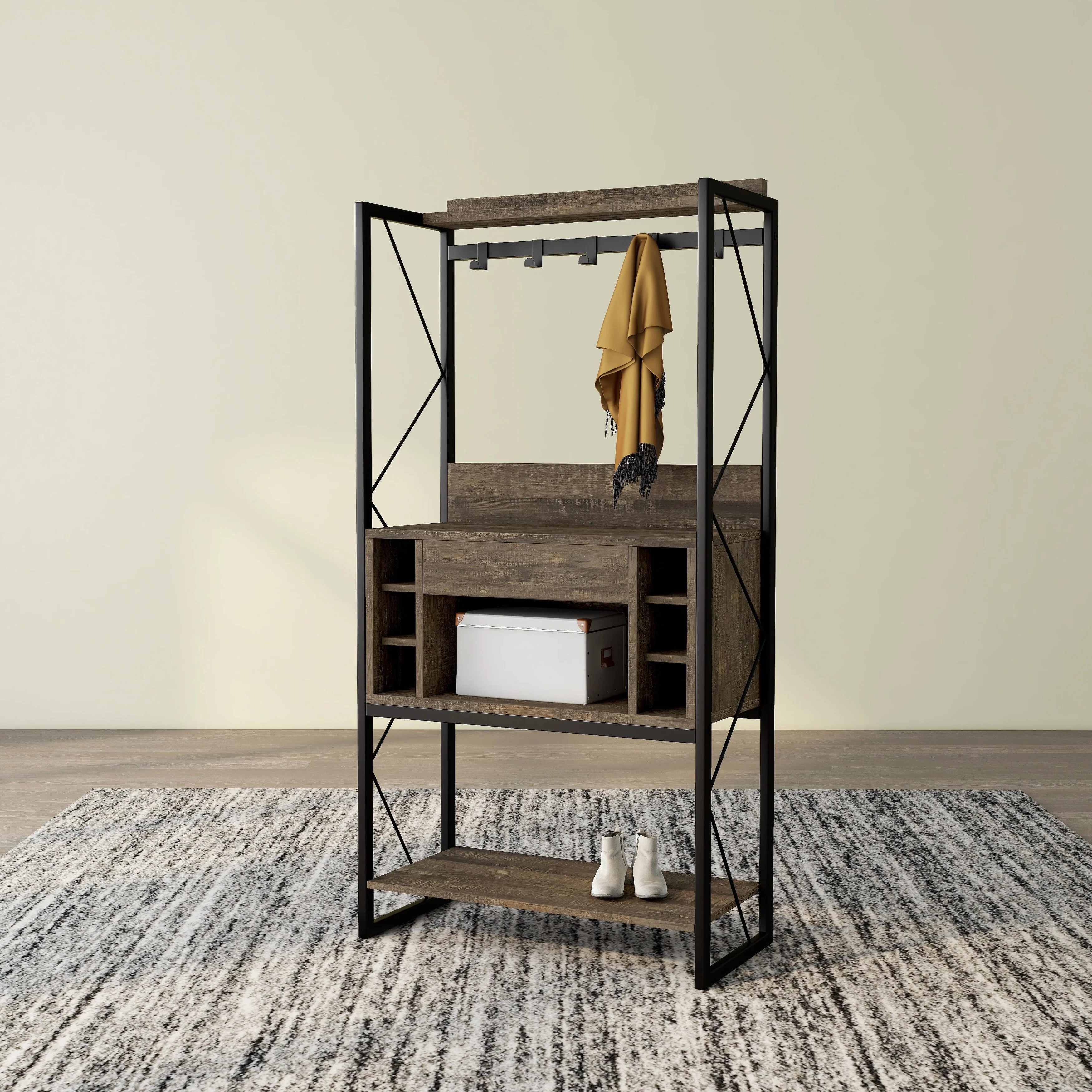 DH BASIC Industrial Reclaimed Oak 67-inch Metal 6-Wine Slots Baker's Rack by Denhour
