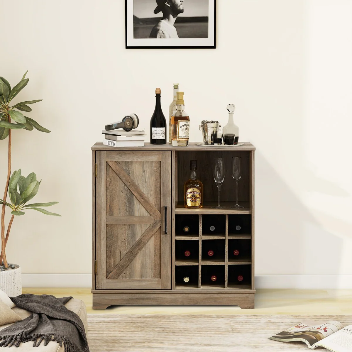 Barn Door Buffet Bar Cabinet with Wine Rack Sideboard Cabinet