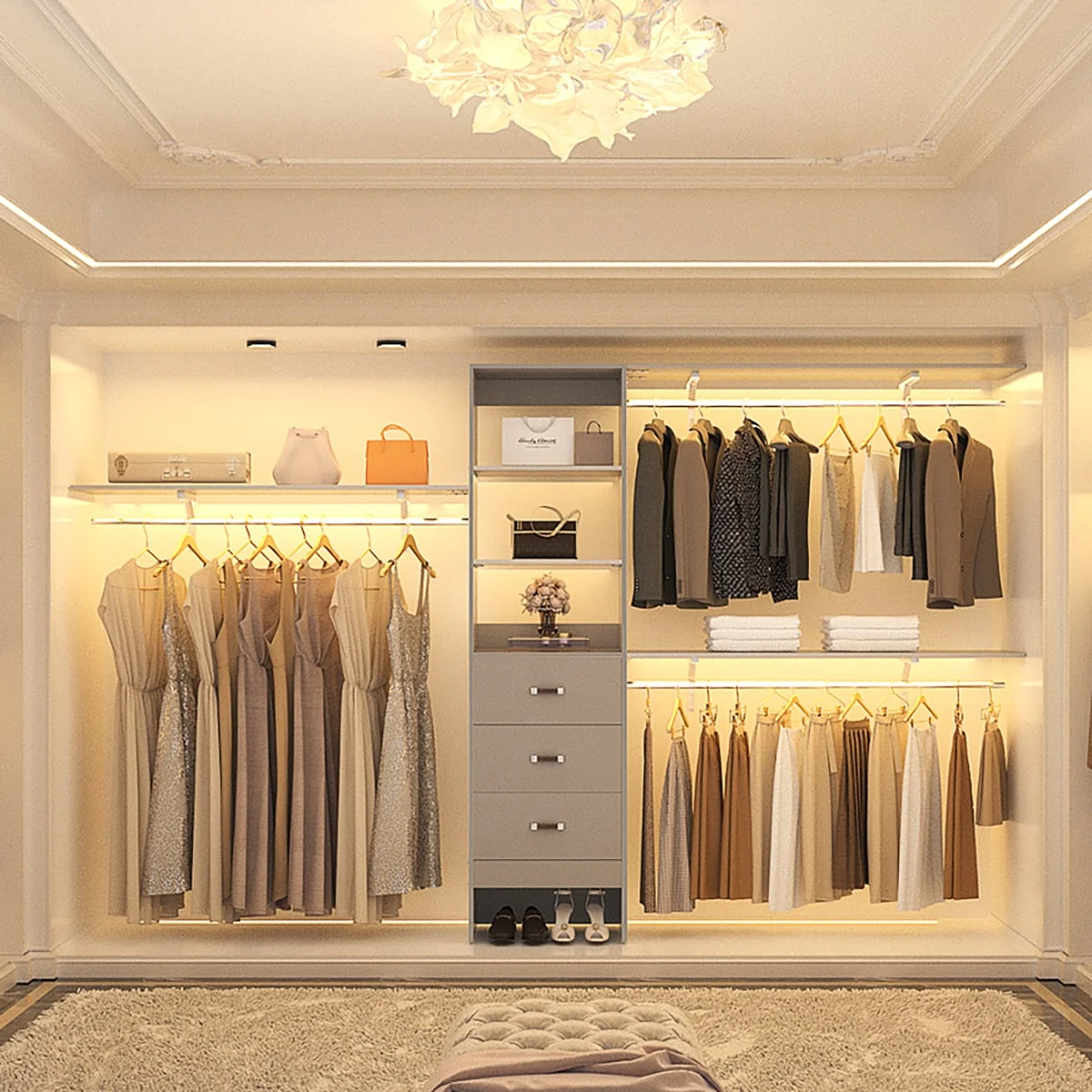 Rackcog 120'' Closet Organizer with Drawers, Closet System with DIY Shelves for Reach-in and Walk-in Closet