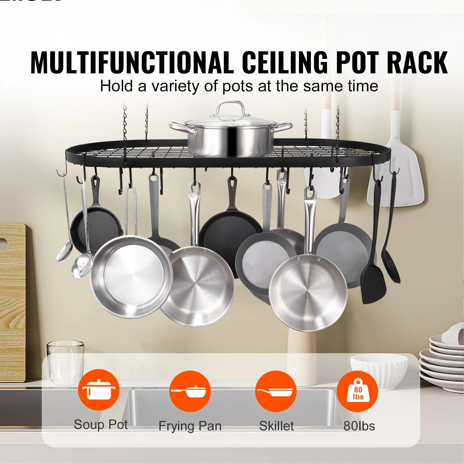 Black Carbon Steel Ceiling Mounted Hanging Pot Rack with S Shaped Hooks Ideal for Home or Restaurant